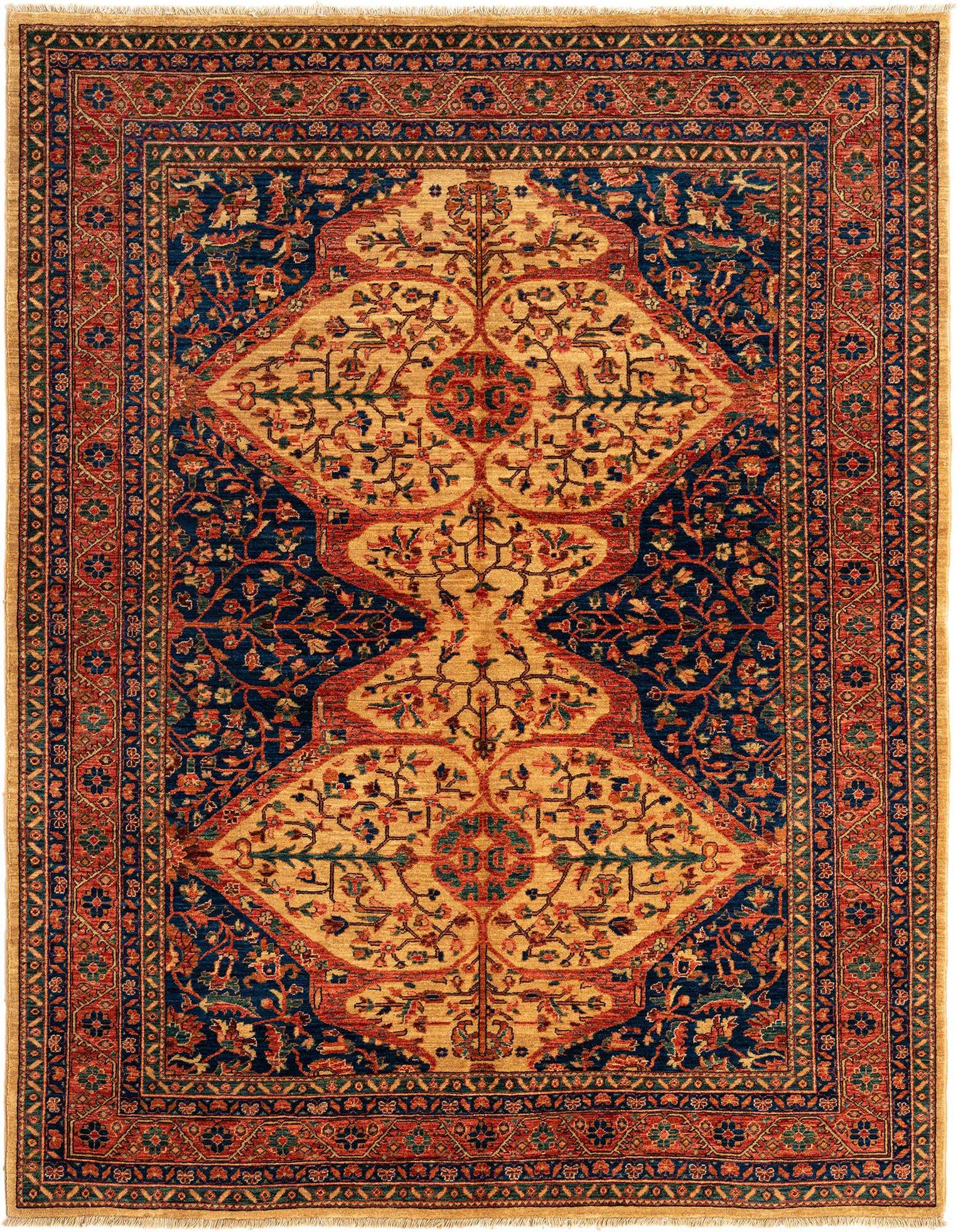 A rectangular 5x8 Persian rug in shades of pink, blue, and gold, featuring an intricate floral medallion pattern.