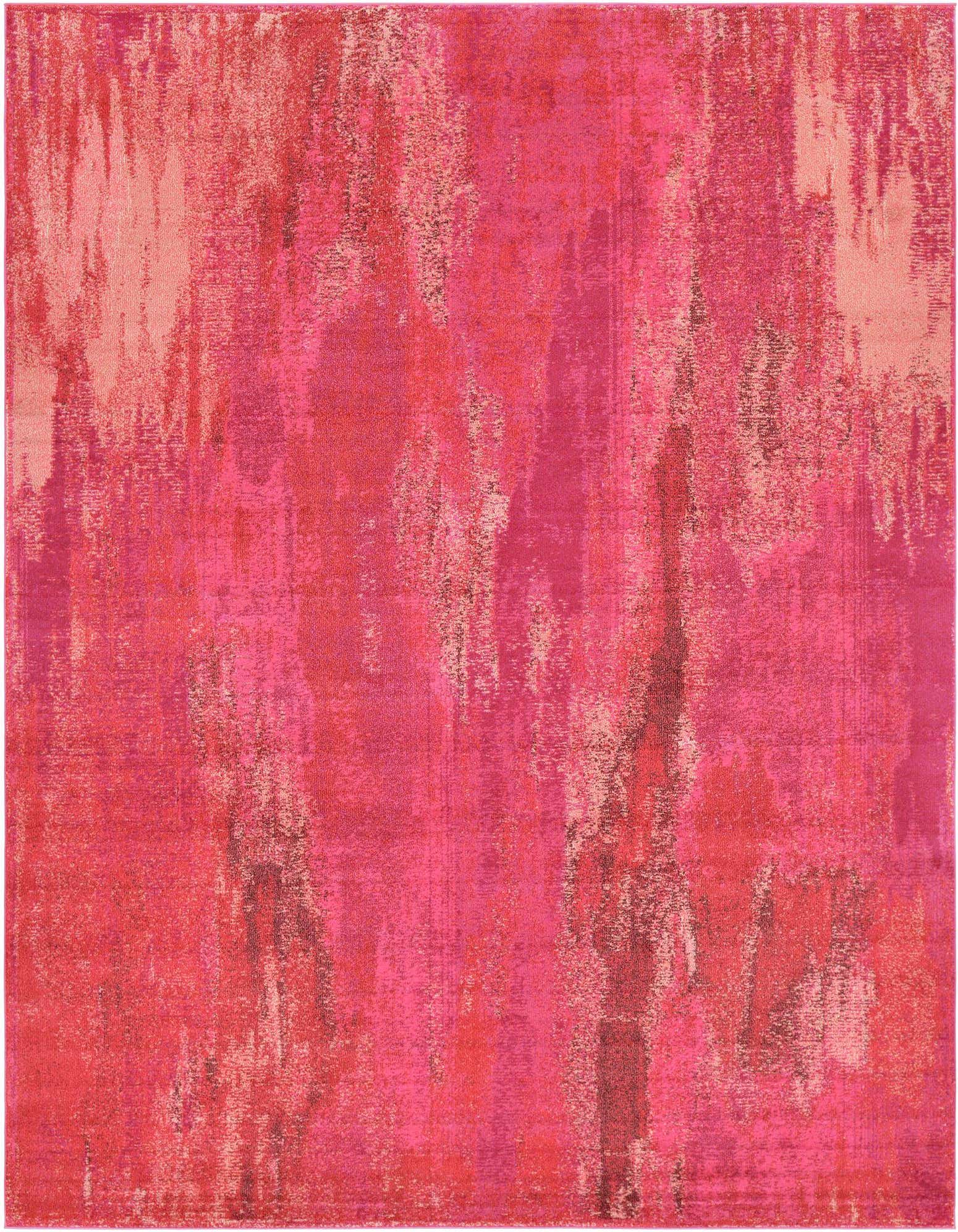 A 10x13 rectangular modern abstract area rug featuring various shades of pink, from light blush to deep fuchsia, with a distressed, painterly effect.