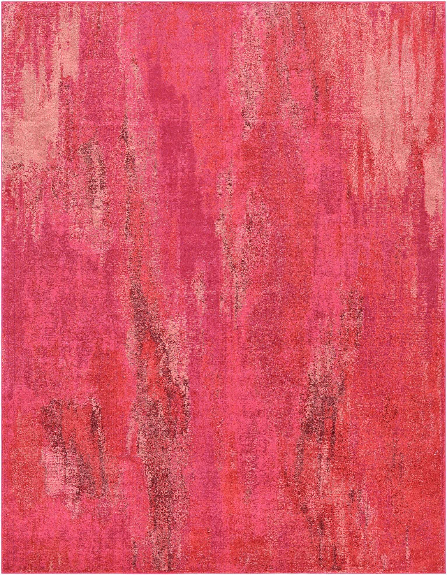 A 9x12 rectangular modern abstract rug in varying shades of pink, with a distressed, painterly effect.