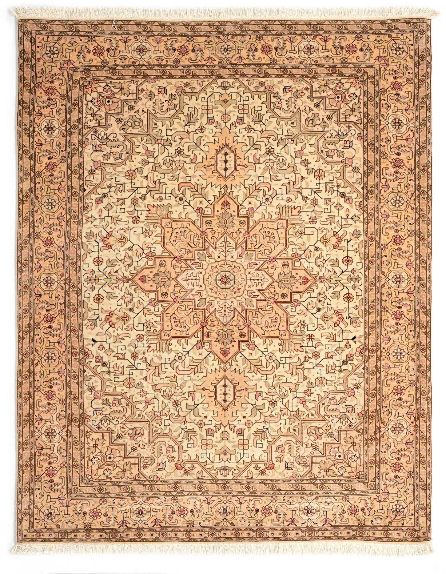 A 4x6 rectangular pink Persian rug with intricate floral and geometric patterns, featuring a central medallion and detailed border.