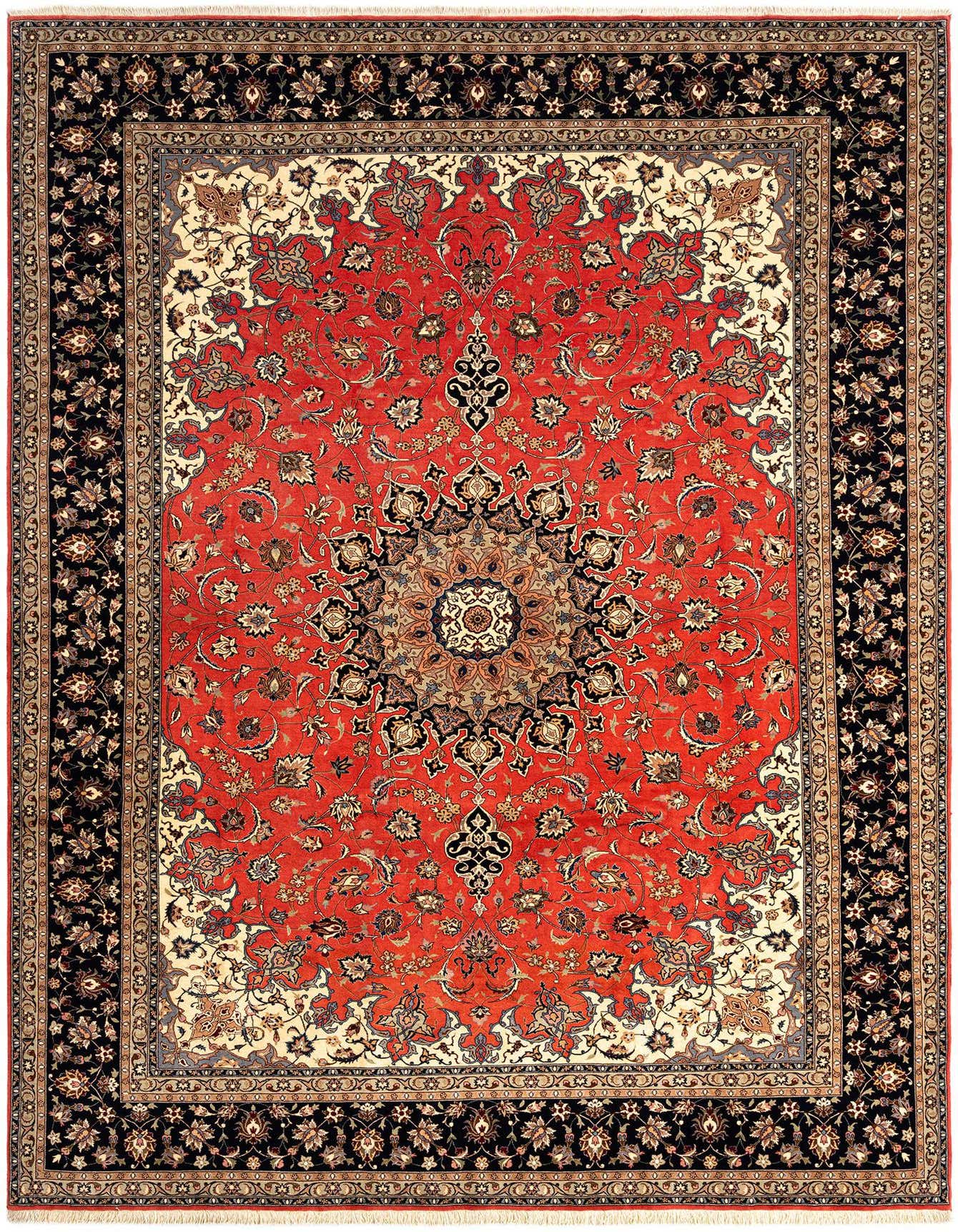 An 8x11 rectangular Persian rug featuring a vibrant pink field with an ornate floral medallion and a black border.