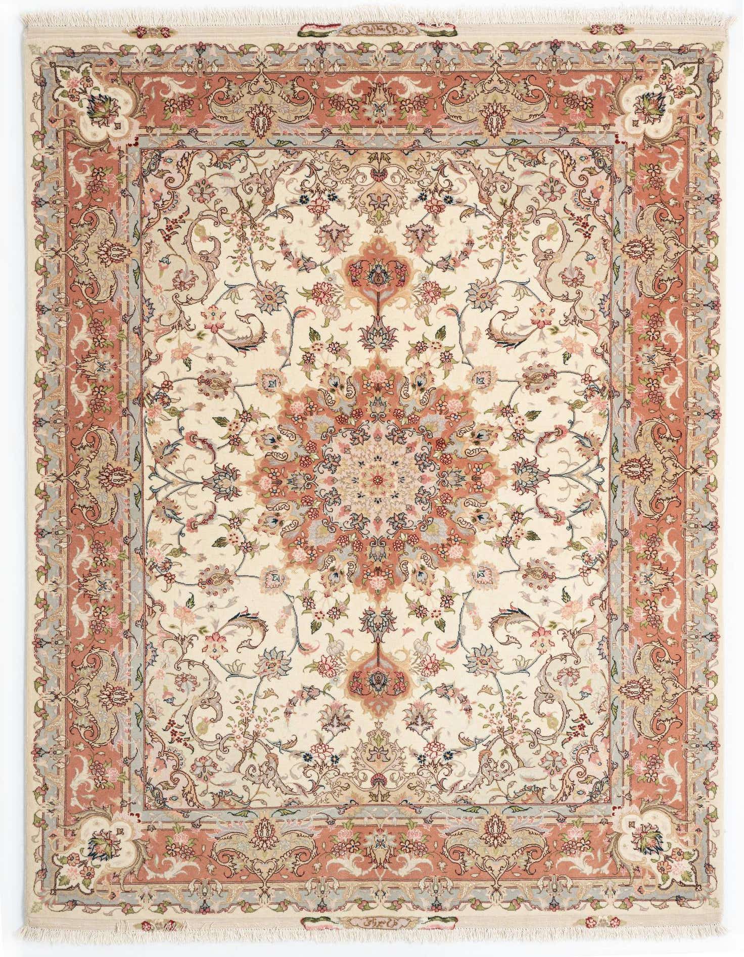 A 5x8 rectangular Persian rug featuring a central medallion and intricate floral patterns in shades of pink, cream, and light blue.