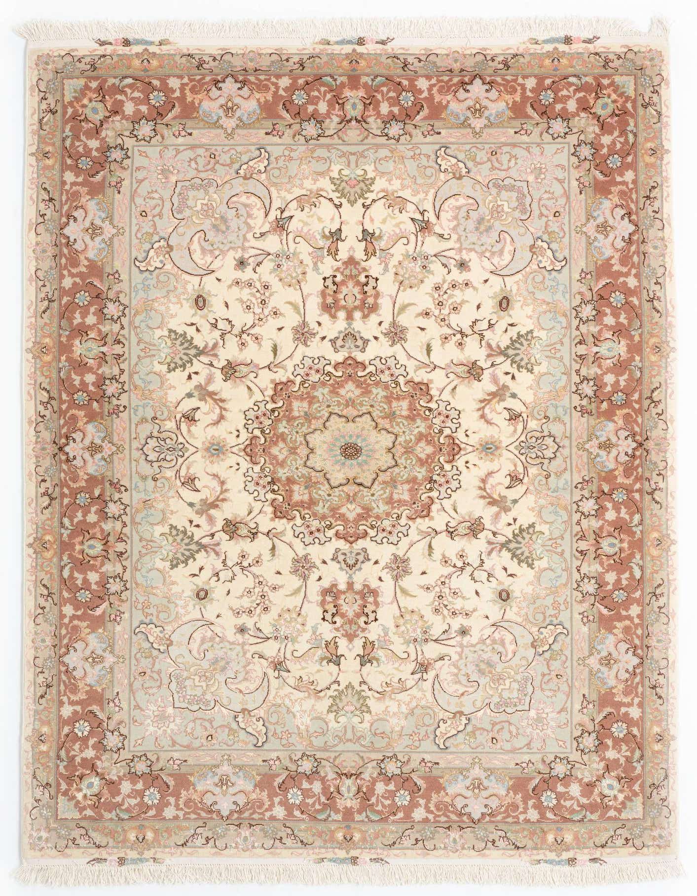 A 4x6 rectangular Persian rug with a cream background, intricate pink and blue floral patterns, and a wide pink border.