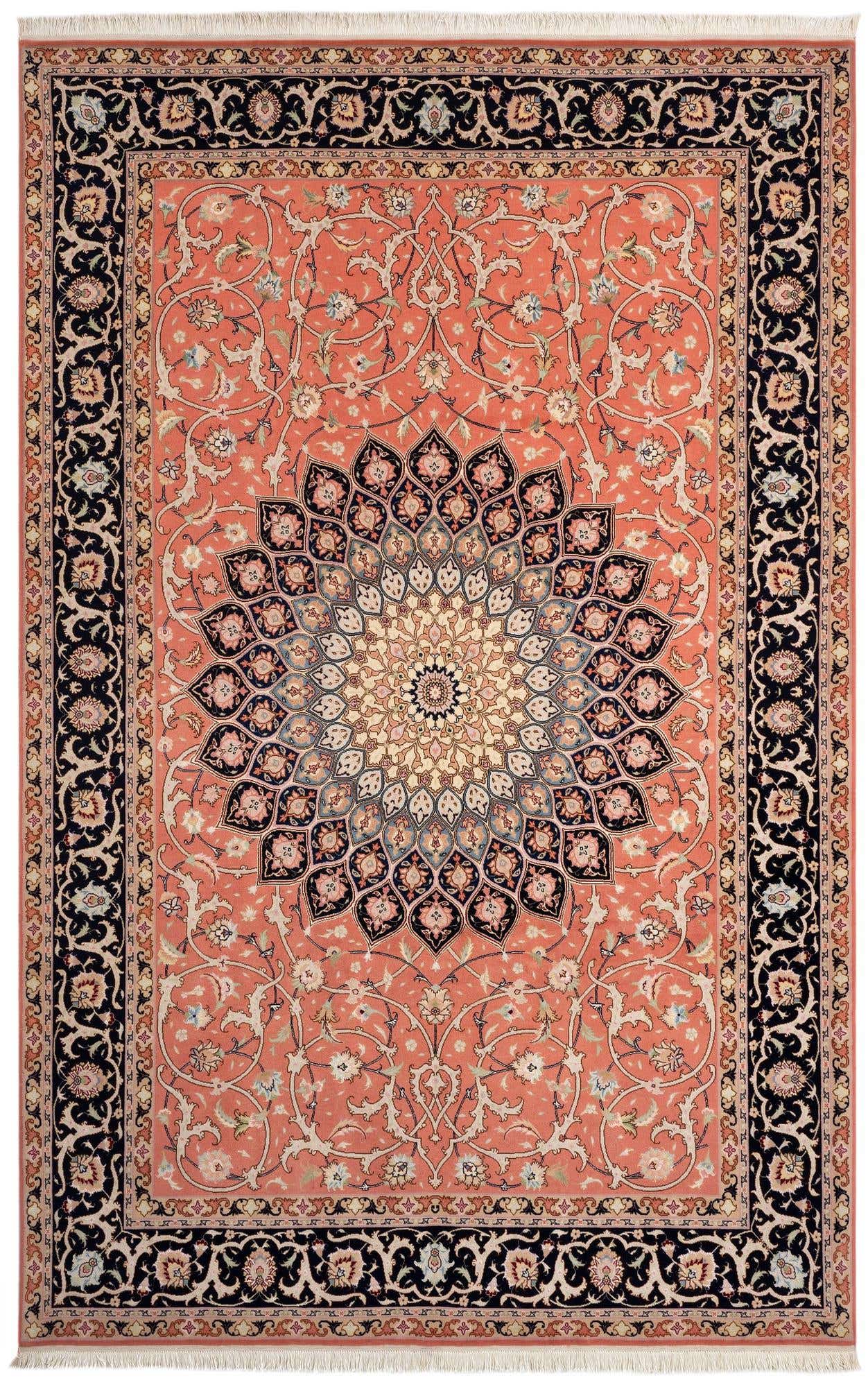 A 7x10 rectangular Tabriz Persian rug in pink with a large central medallion and intricate floral patterns, ideal for a living room.