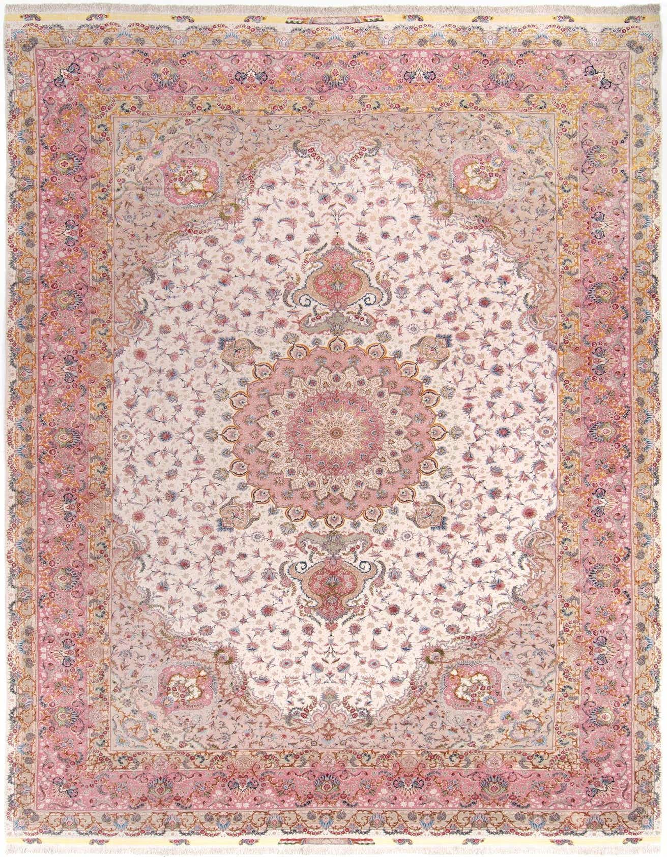 A large 13x18 rectangular Persian rug with a detailed floral pattern in various shades of pink and cream.