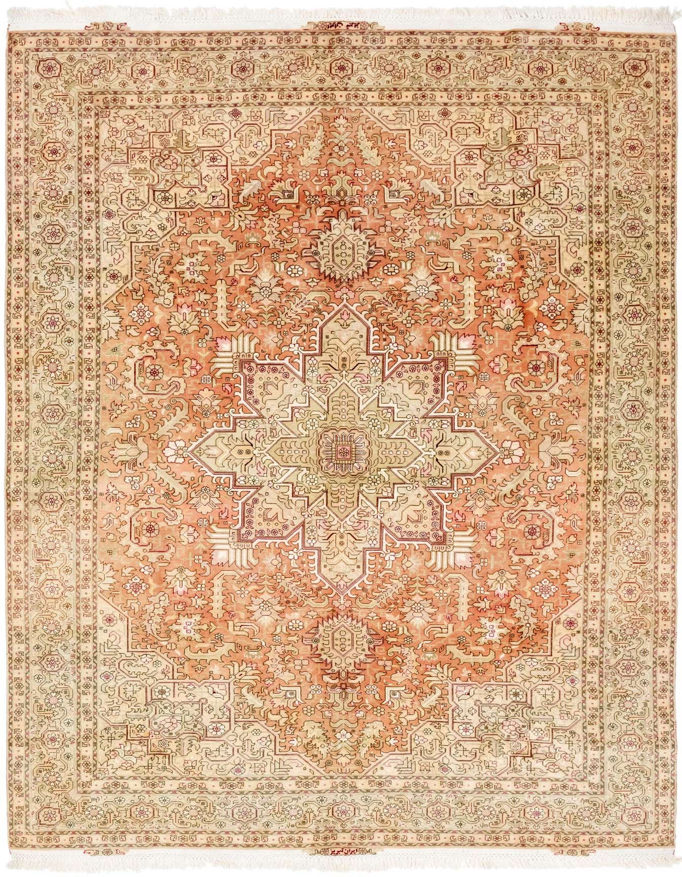 A 7x10 rectangular Tabriz rug featuring a traditional Persian medallion pattern in shades of pink, cream, and beige.