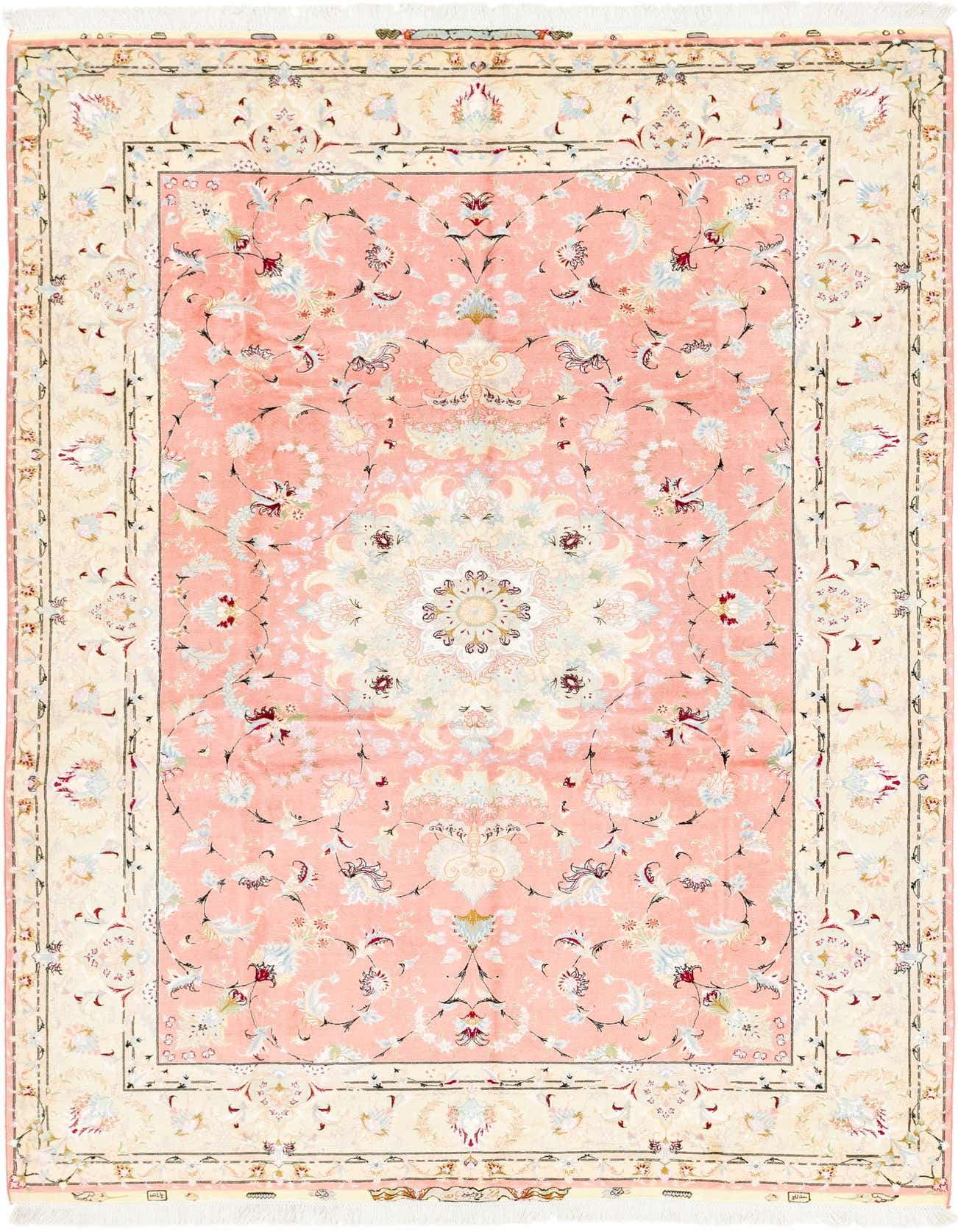 A 7x10 rectangular pink Persian rug with a cream border and intricate floral and botanical patterns, ideal for a living room.