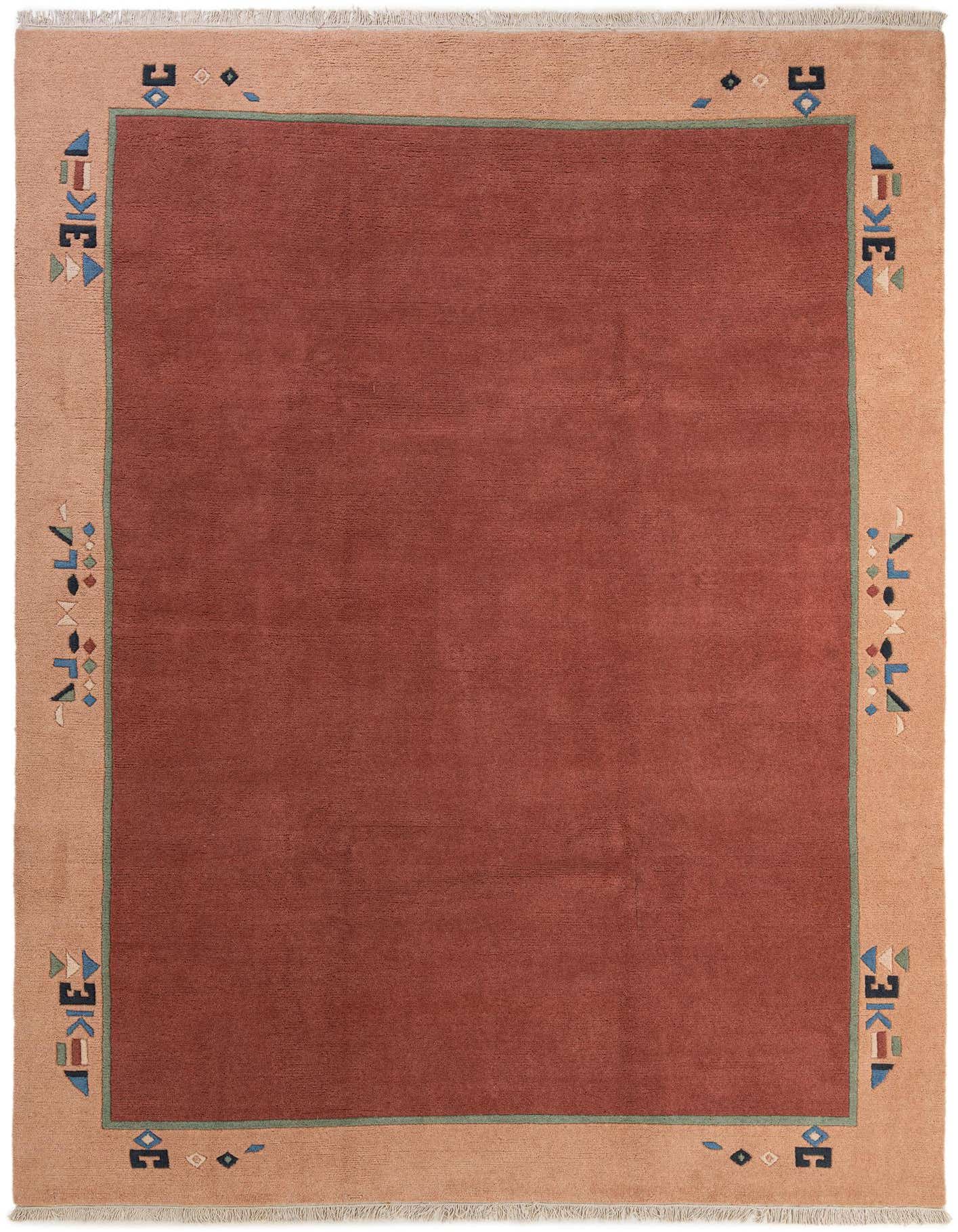 A rectangular 8x11 pink wool area rug with a wide beige border featuring abstract geometric patterns in blue, green, and brown.