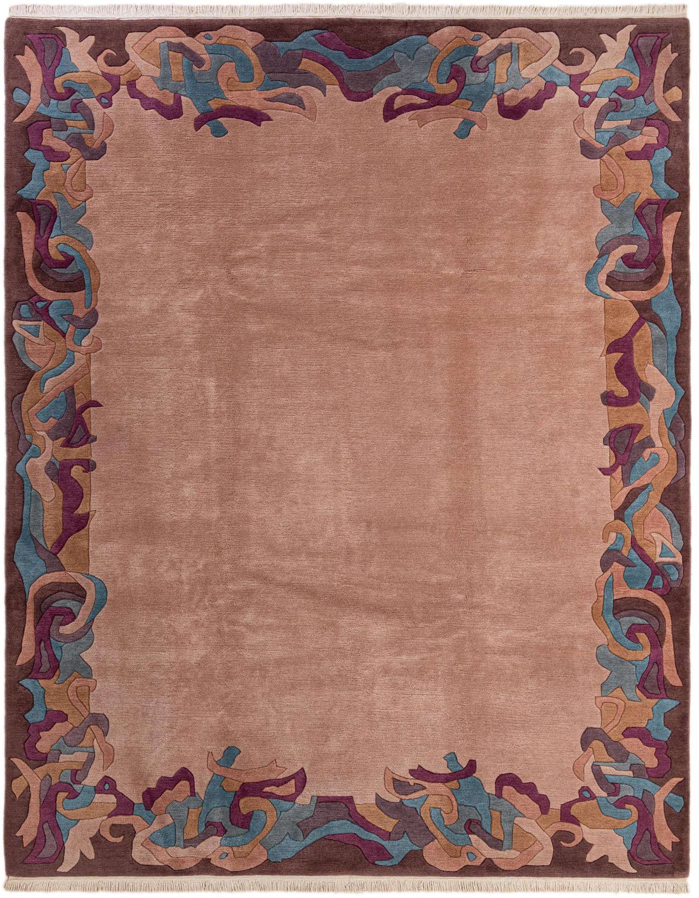 An 8x11 rectangular pink wool rug with a medium pile, featuring an abstract, multi-color border in teal, purple, and brown tones.