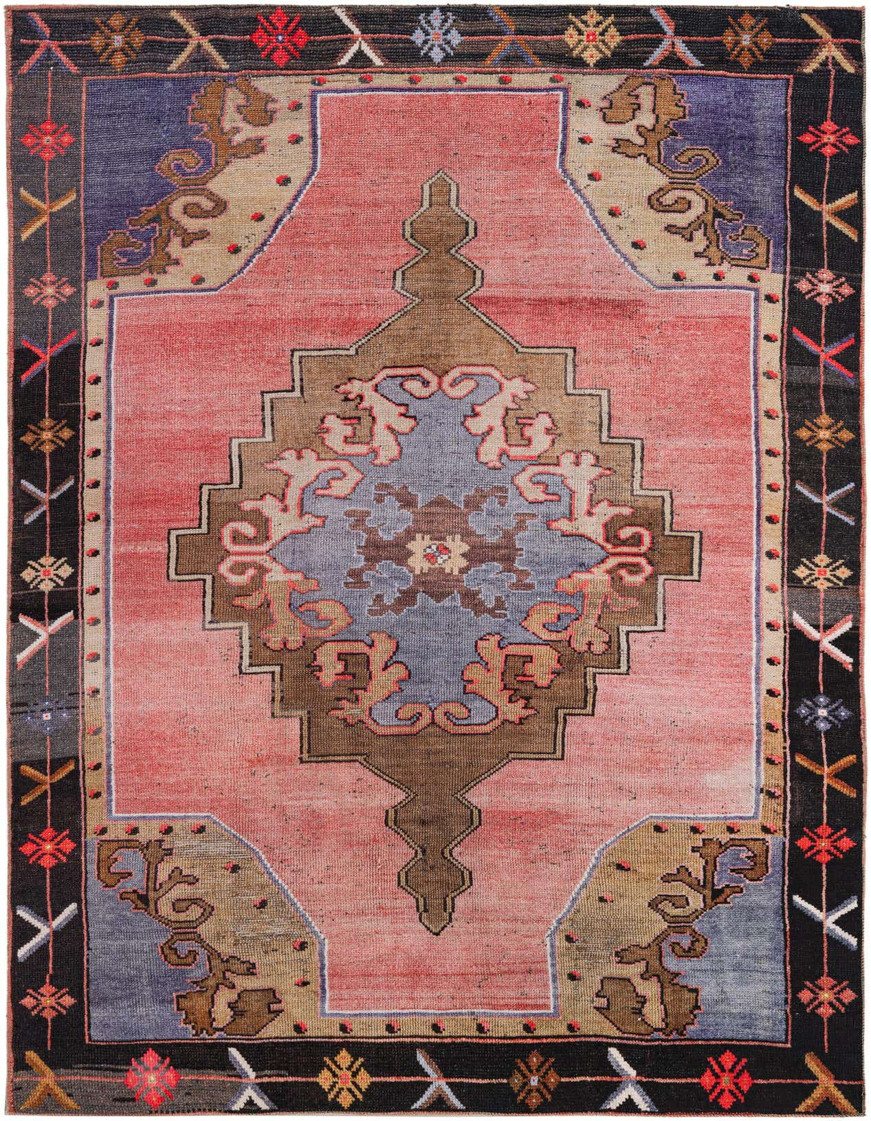 A 5x8 rectangular vintage Oriental rug with a faded pink field, blue and brown medallion, and black border.
