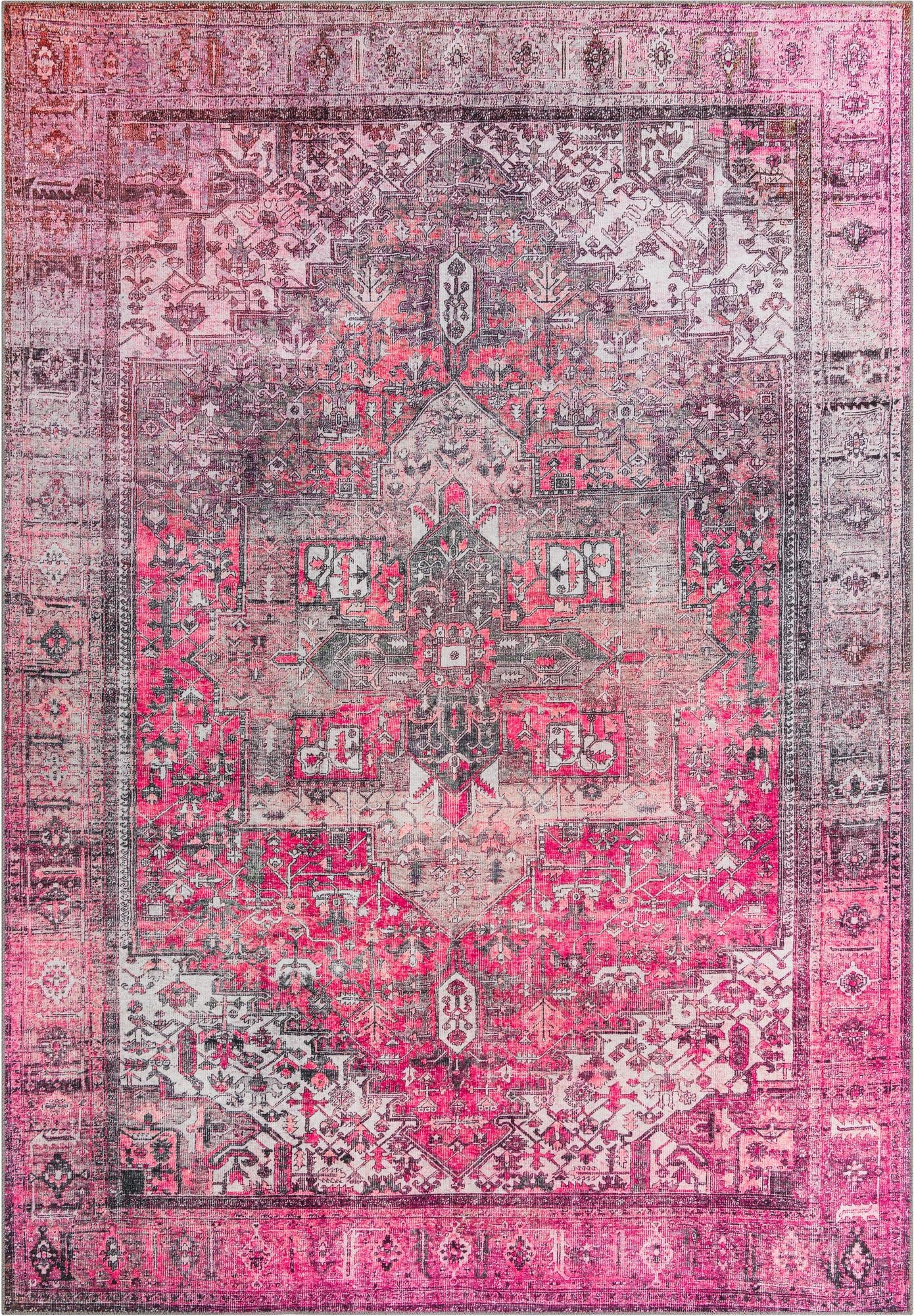 A vibrant 8x12 rectangular pink transitional rug featuring a faded oriental medallion pattern and border.