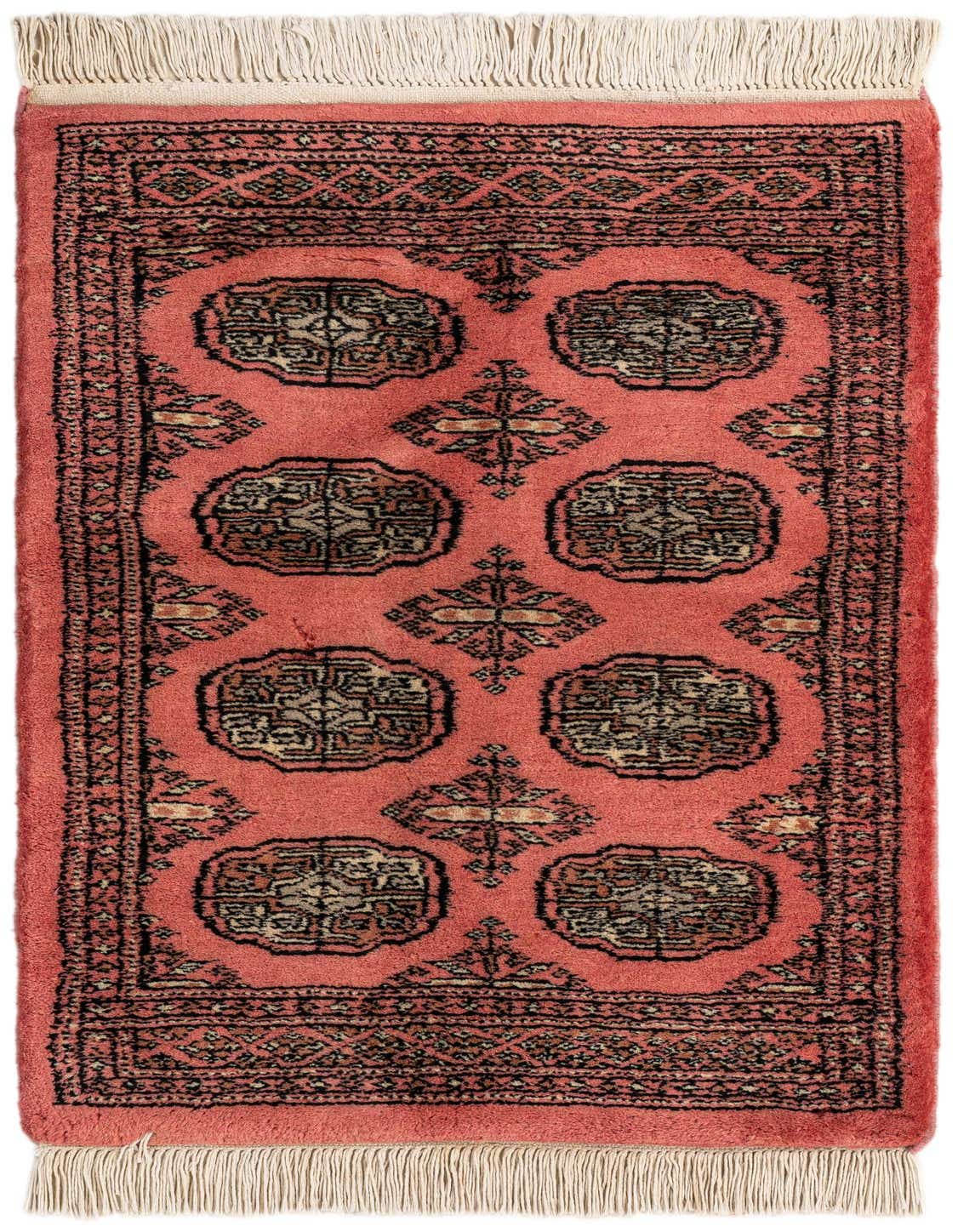 A 2x3 rectangular Torkaman wool rug featuring a traditional Persian pattern in shades of pink, black, and cream, with white fringe.