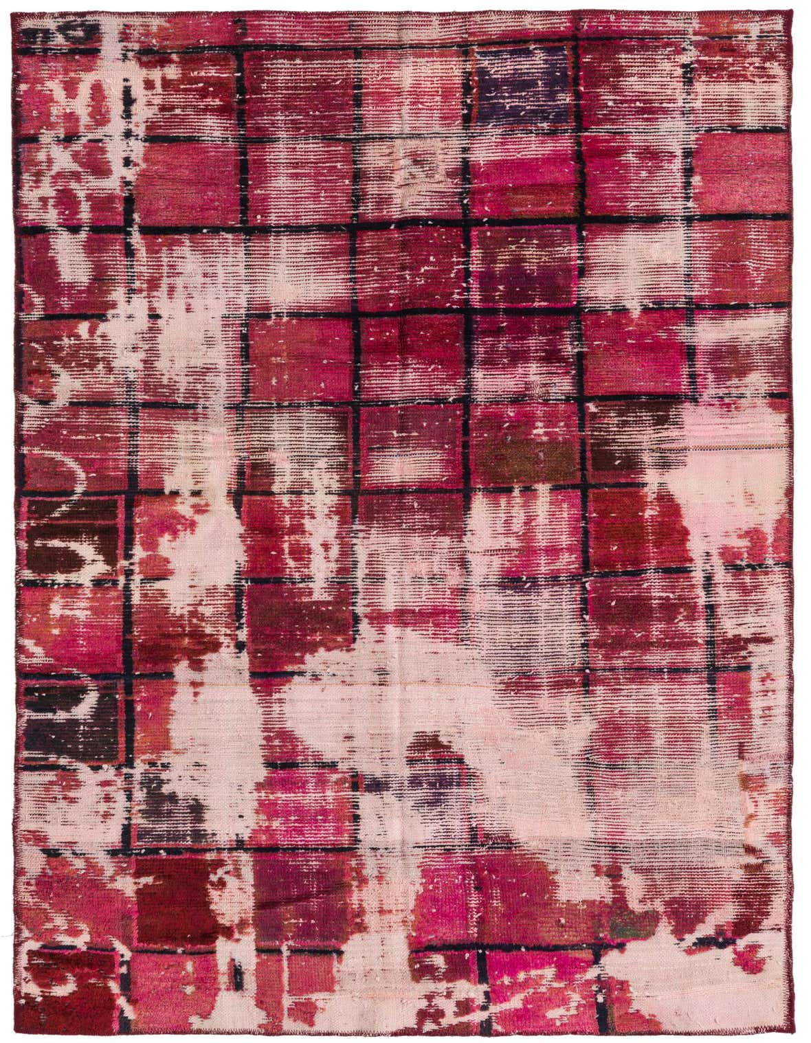 A 4x6 rectangular pink wool rug with an abstract, distressed Persian-inspired grid pattern and flat pile.
