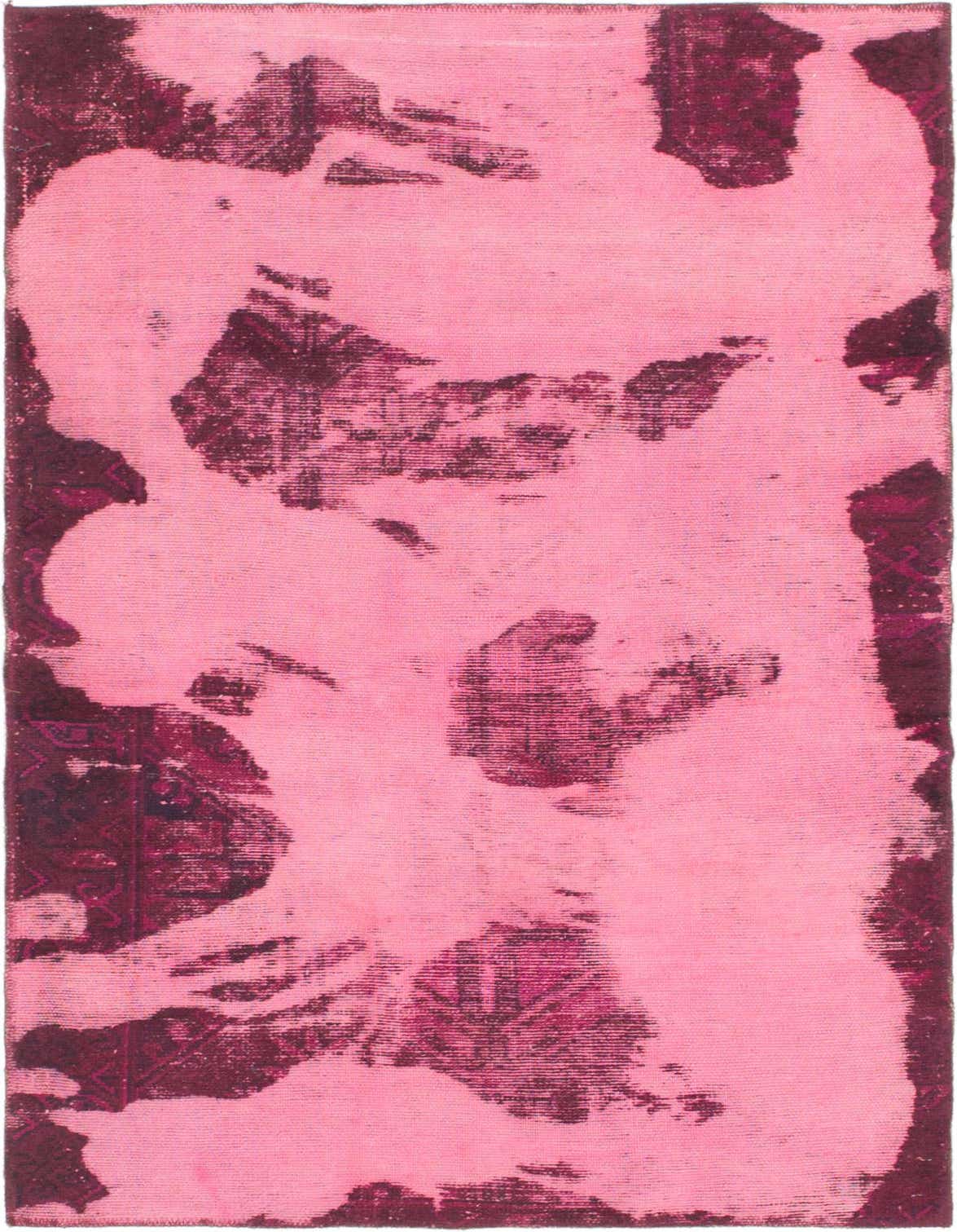 A 4x6 rectangular pink wool rug with a distressed abstract Persian pattern, suitable for a living room.