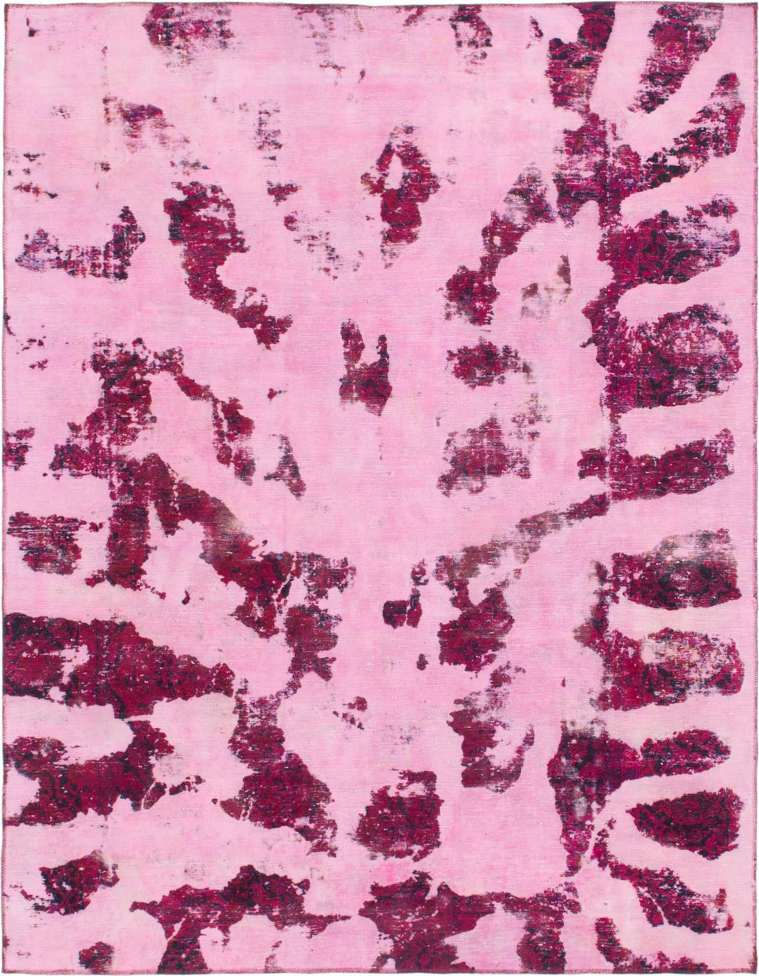 A rectangular 8x10 pink wool area rug featuring an abstract, distressed vintage Persian pattern in shades of light and dark pink.