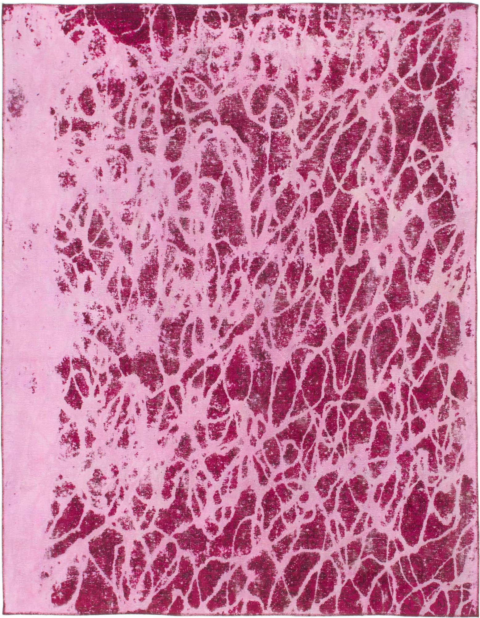 An 8x10 rectangular pink wool rug featuring an abstract, distressed Persian pattern in varying shades of pink.