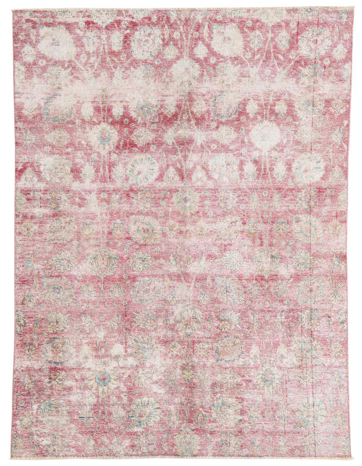 A 5x8 rectangular pink and ivory Persian-style rug with a distressed floral pattern, suitable for a living room.