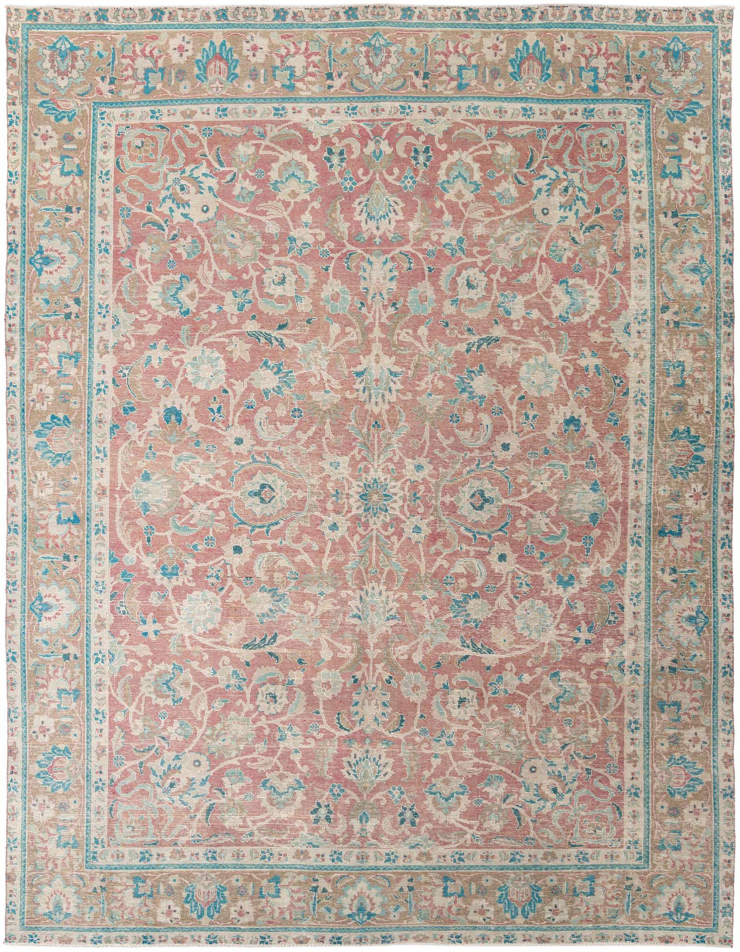 A 10x13 rectangular pink Persian-style wool rug with intricate floral patterns in blue, beige, and cream, featuring a detailed border.