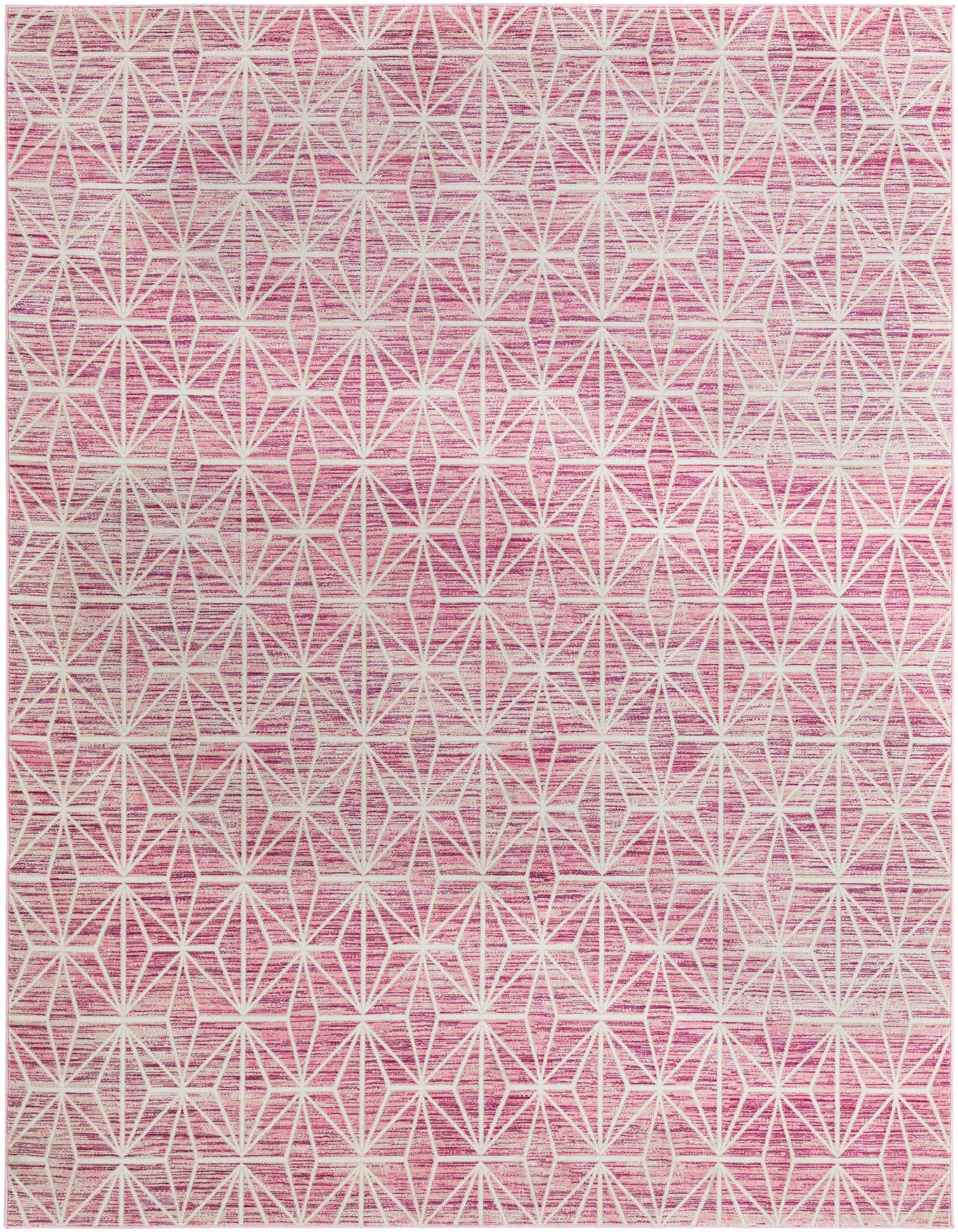 A 9x12 rectangular pink area rug featuring a repeating modern geometric pattern in white, perfect for a living room.