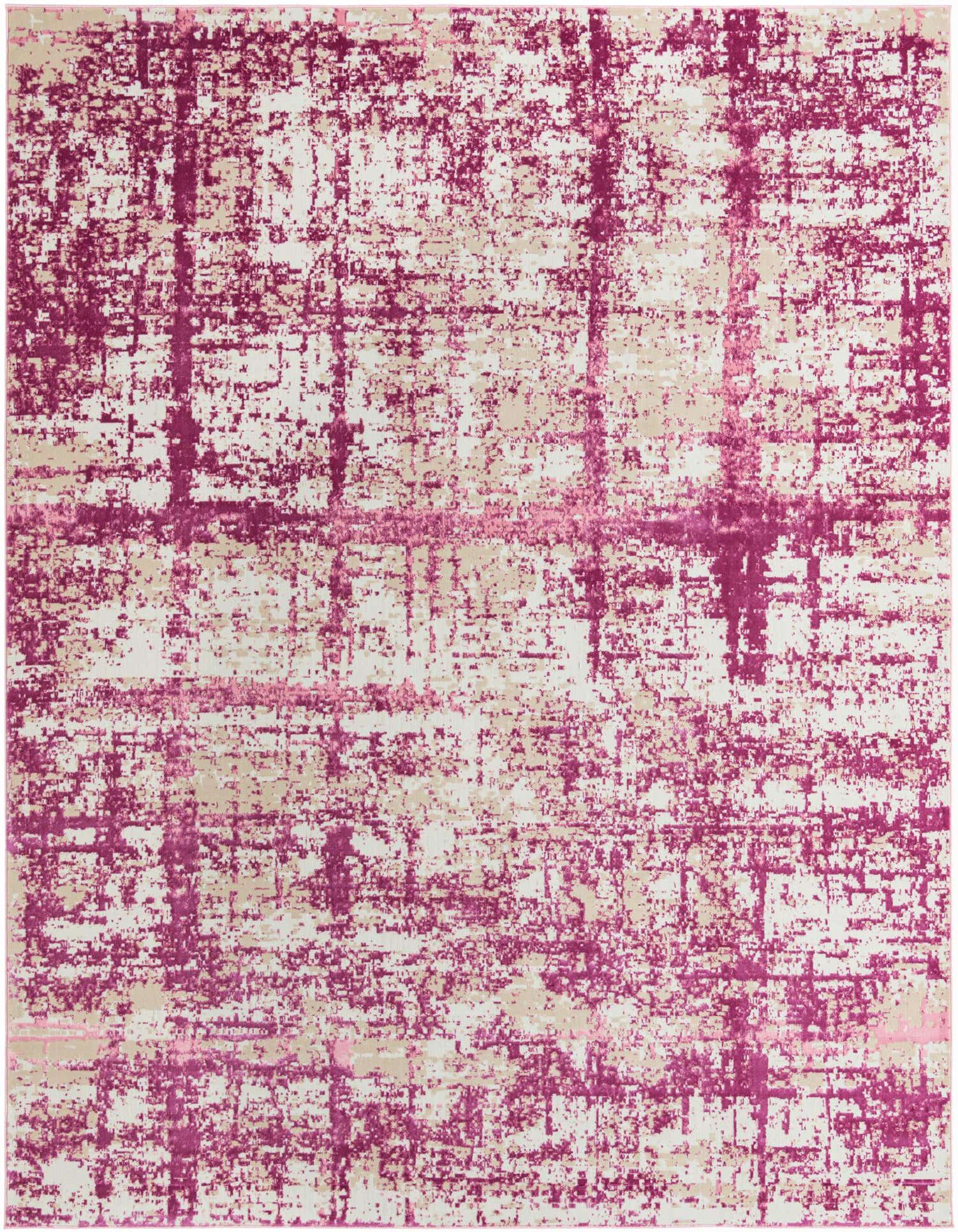 A 9x12 rectangular Uptown collection rug featuring an abstract, distressed pattern in various shades of pink and beige.
