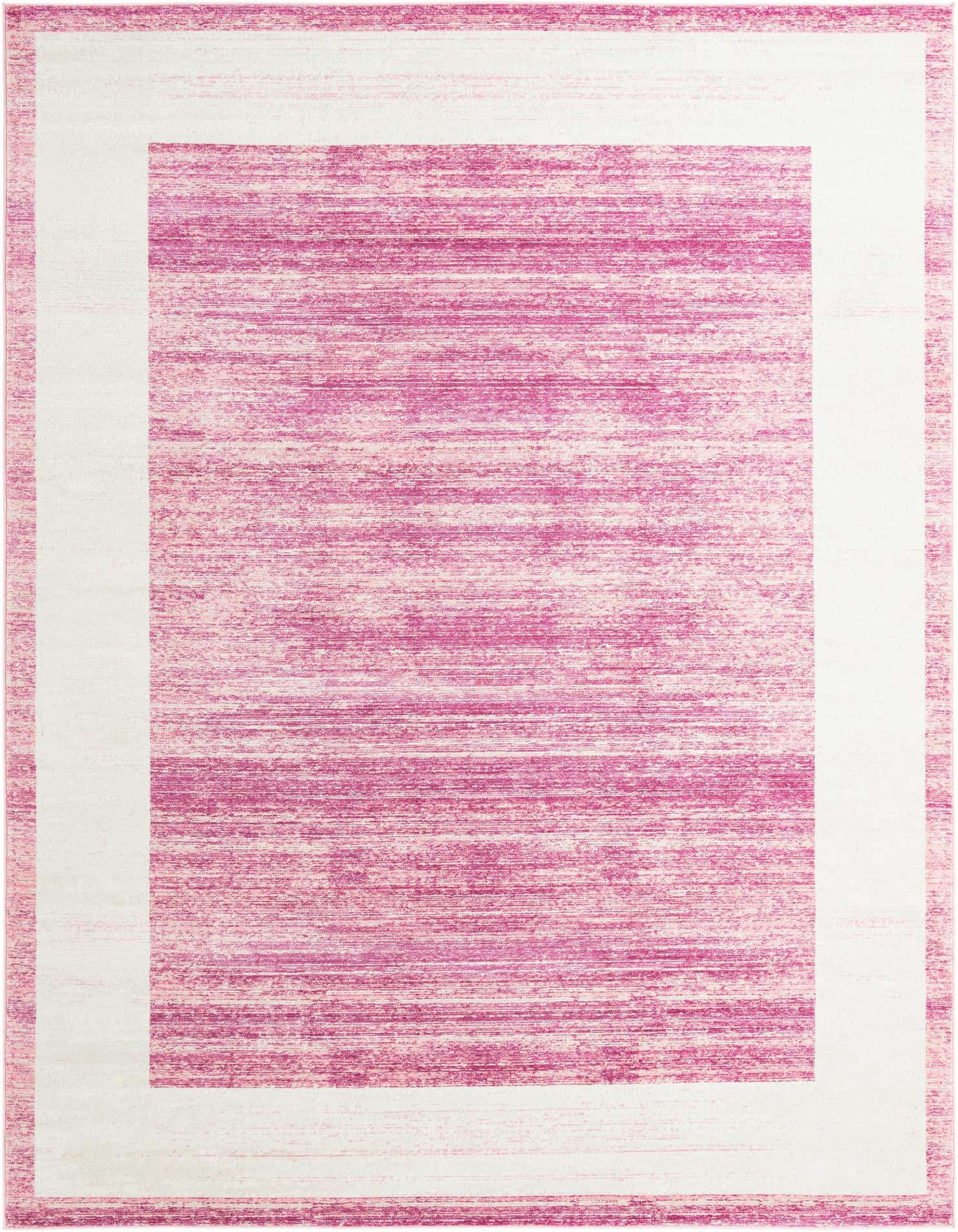 A 9x12 rectangular pink and white transitional area rug with a textured pile and solid border.