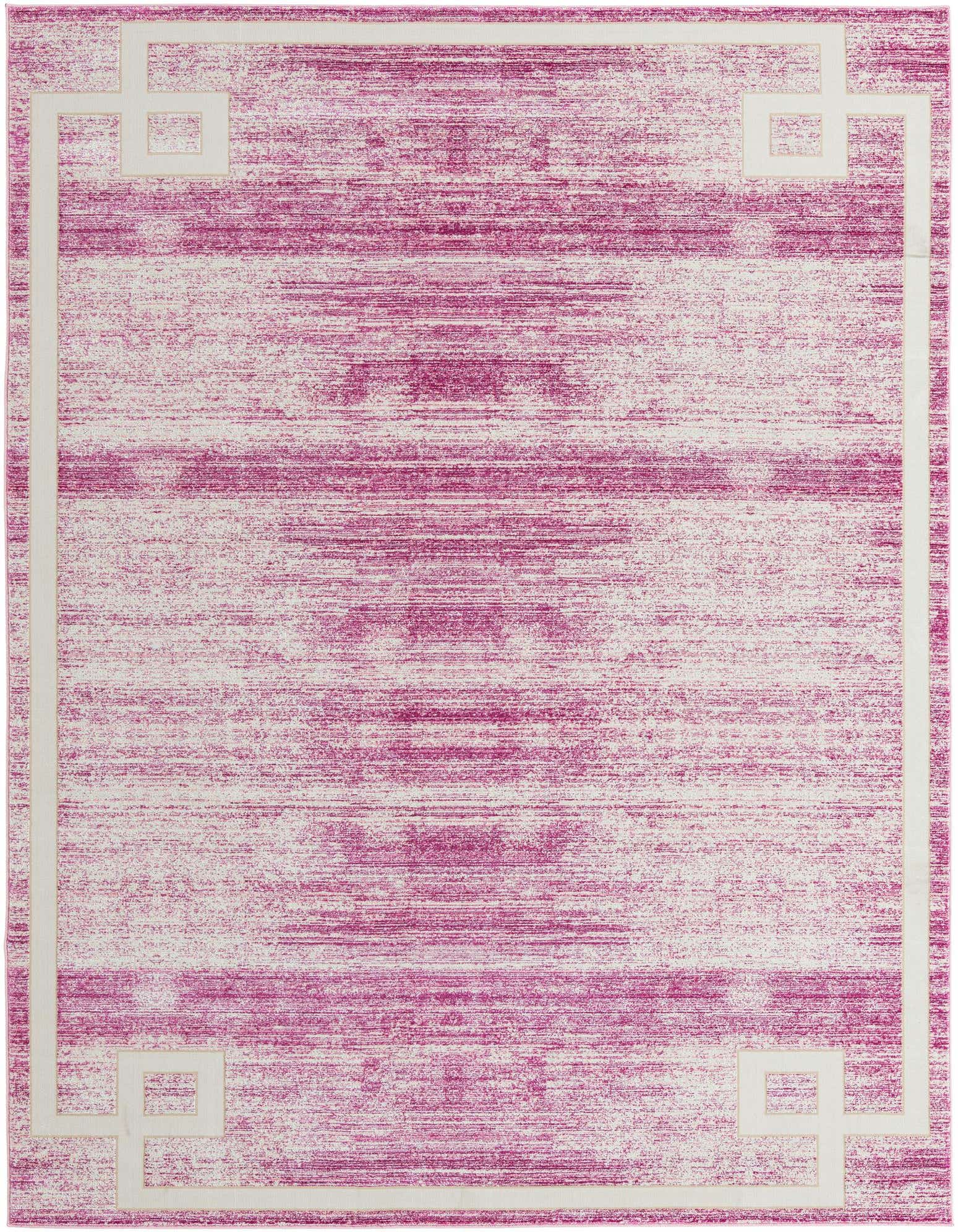 8x10 rectangular pink and white industrial-style area rug with a textured pile and a clean white border.