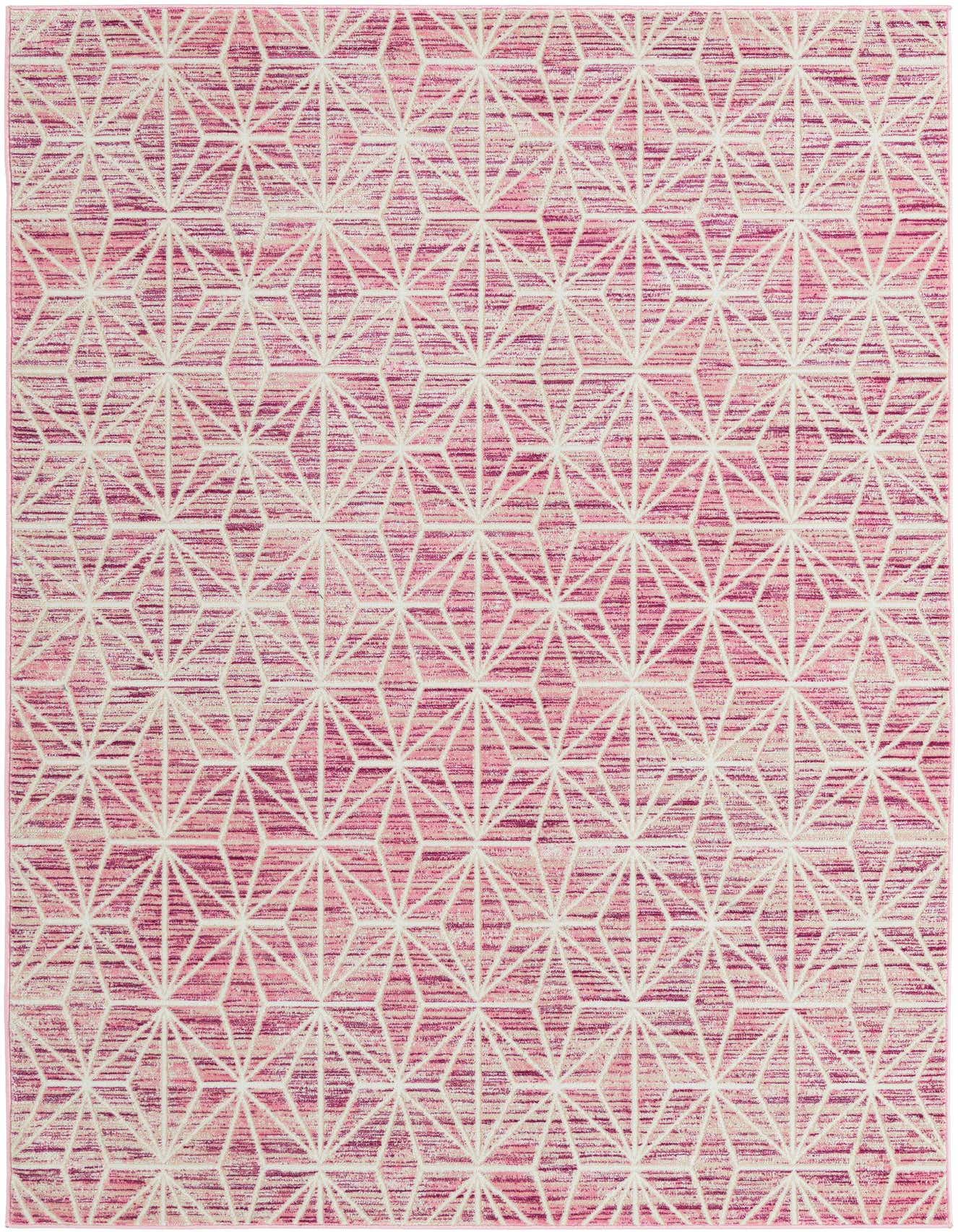 A 5x8 rectangular area rug in shades of pink with a repeating white geometric, mid-century modern pattern, suitable for a living room.