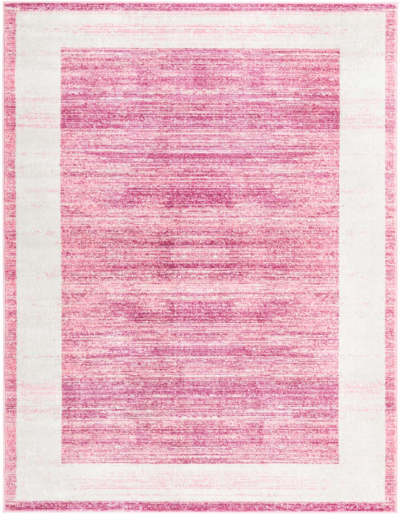 A 5x8 rectangular pink and white contemporary area rug with a textured pile, ideal for a living room or office.
