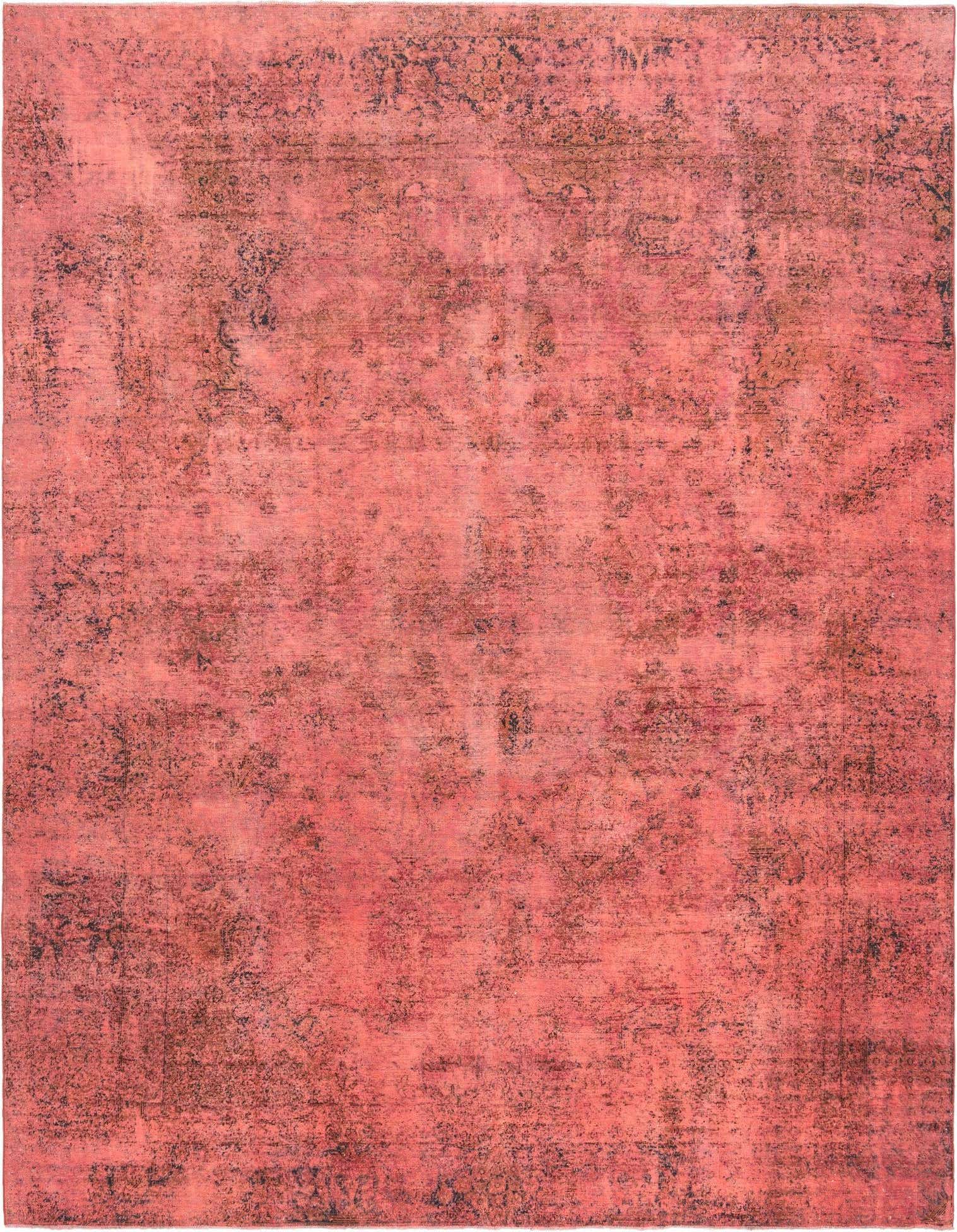 A 9x12 rectangular pink Persian wool rug with a distressed vintage pattern, suitable for a living room.