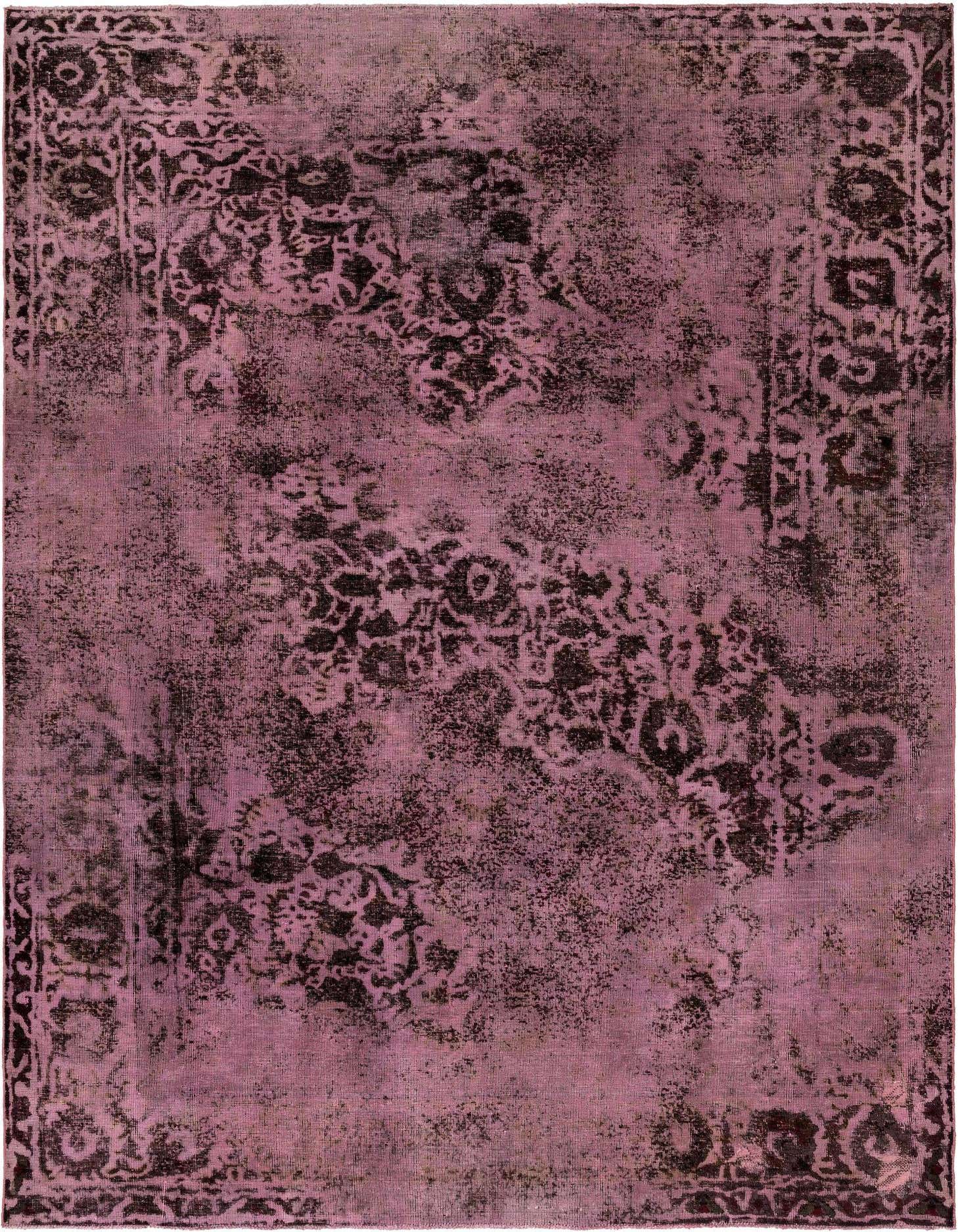 A 6x9 rectangular pink Persian rug with a faded, distressed black floral and medallion pattern, ideal for a living room.