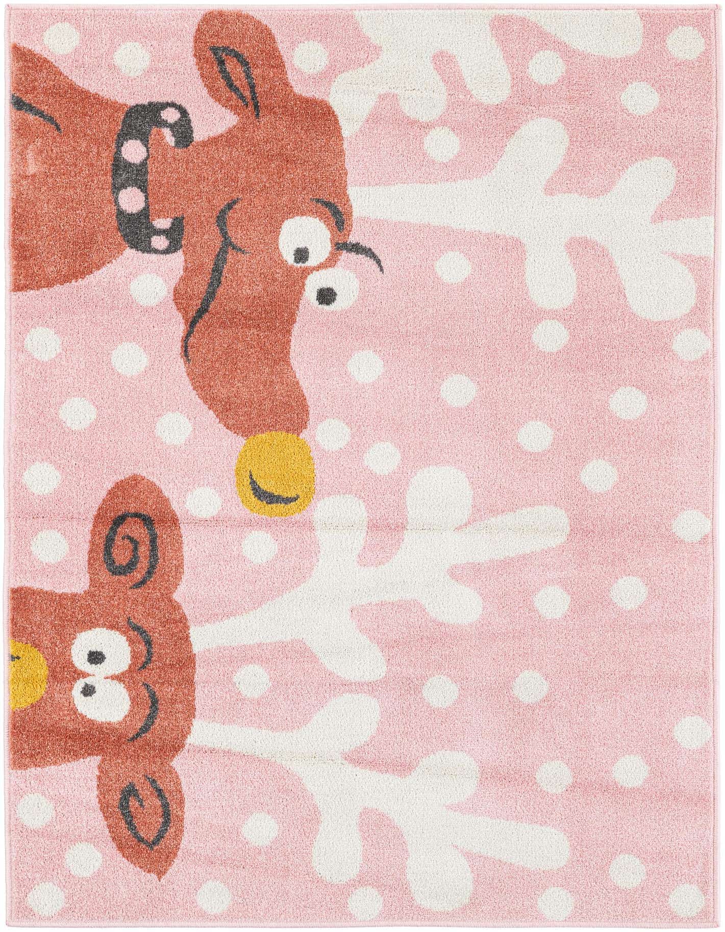 A 4x6 rectangular pink rug featuring a playful modern design with brown reindeer heads, white antlers, and white polka dots, ideal for a child's room.
