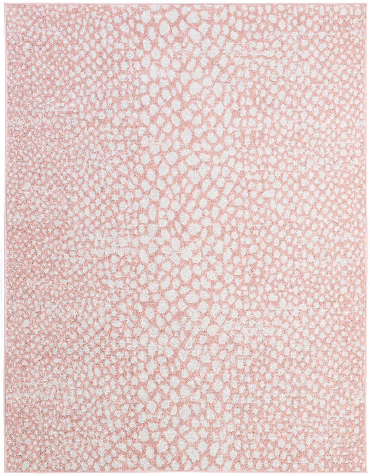 A 5x8 rectangular pink and white modern abstract rug with a speckled, organic pattern, perfect for a child's bedroom or play area.
