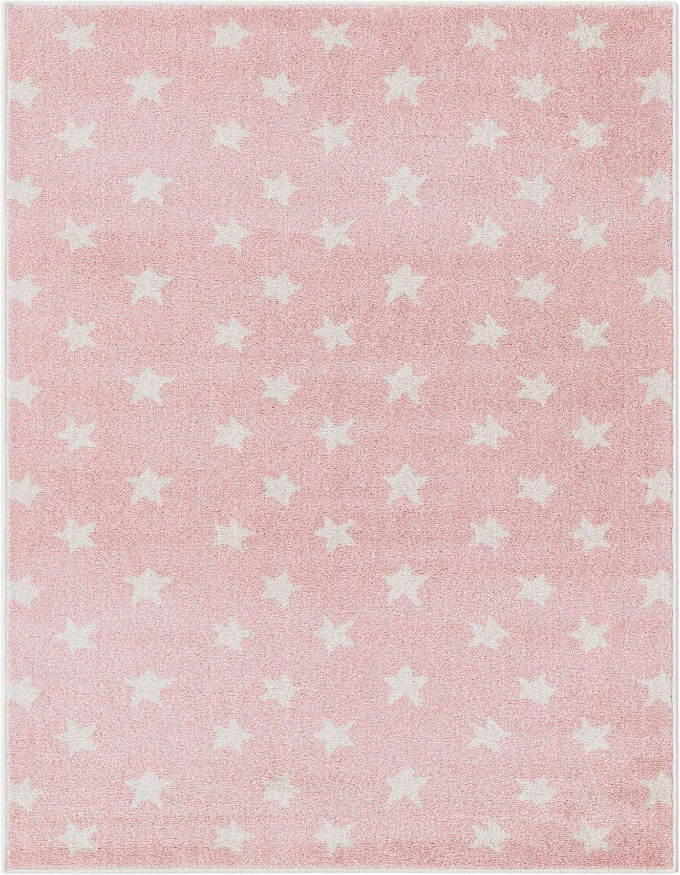 A 4x6 rectangular pink rug with a modern white star pattern, ideal for a child's bedroom or playroom.