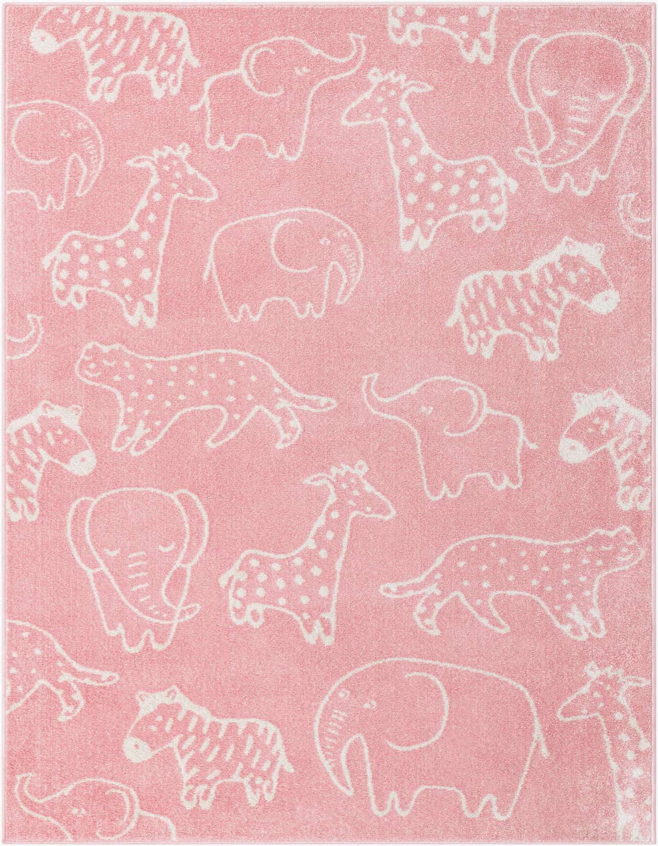 A 5x8 rectangular pink rug with a playful pattern of white outline safari animals like elephants, giraffes, and zebras.