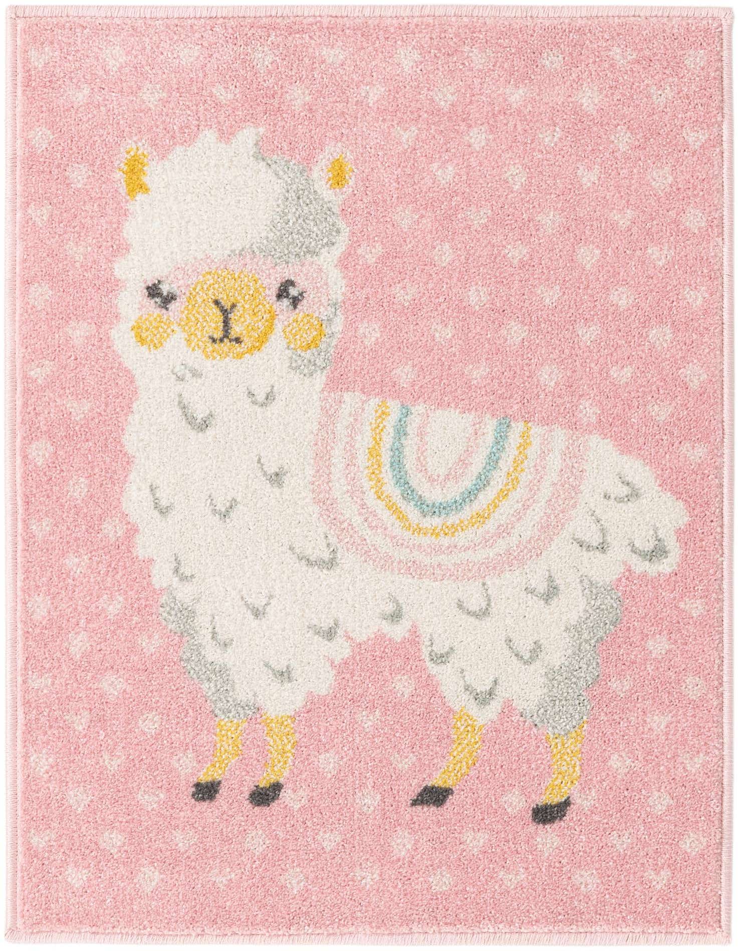 A 2x3 rectangular pink rug featuring a cute white llama with a rainbow blanket, surrounded by small hearts.