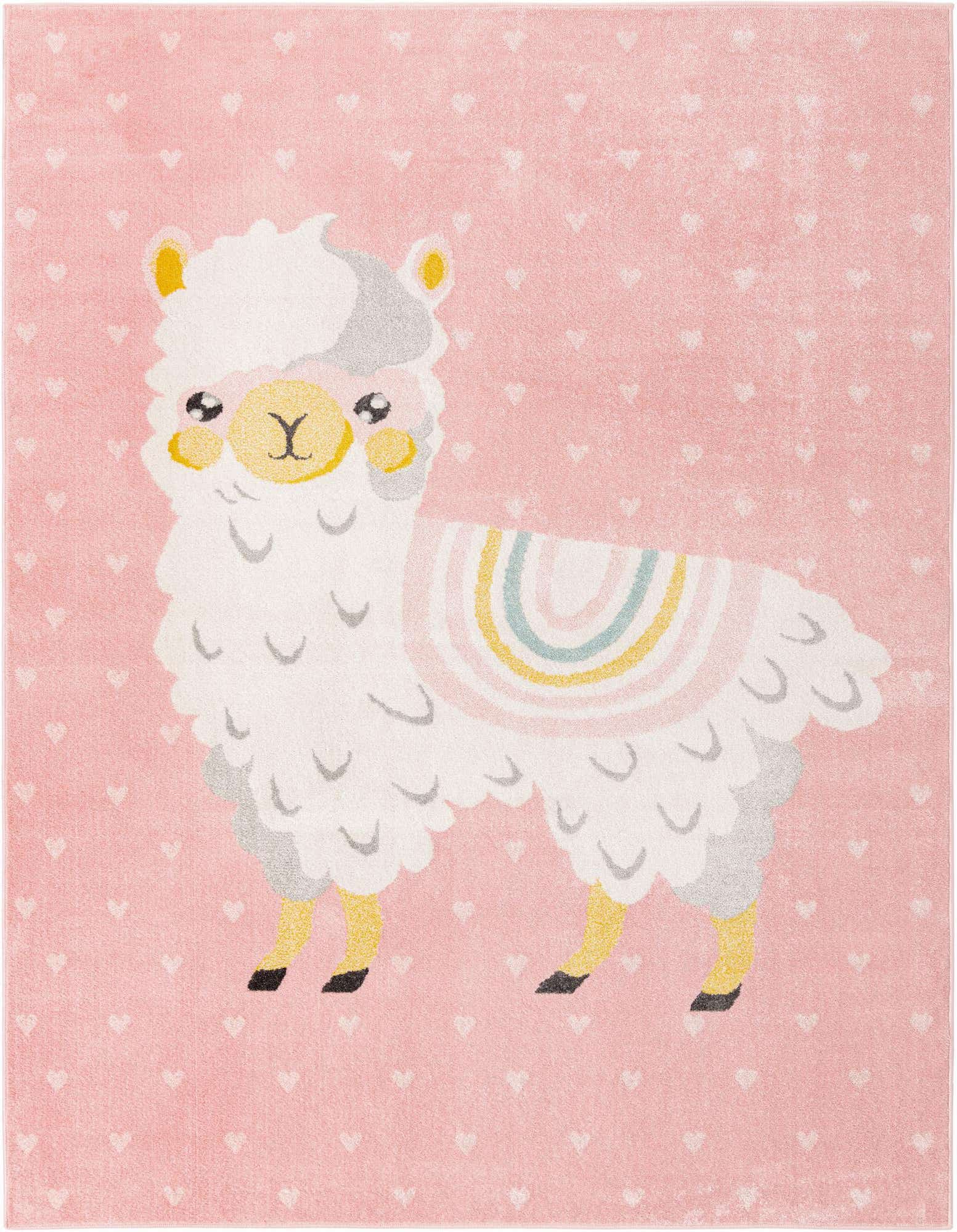A rectangular pink rug featuring a large, friendly white llama with a rainbow saddle and small white hearts scattered across the background.