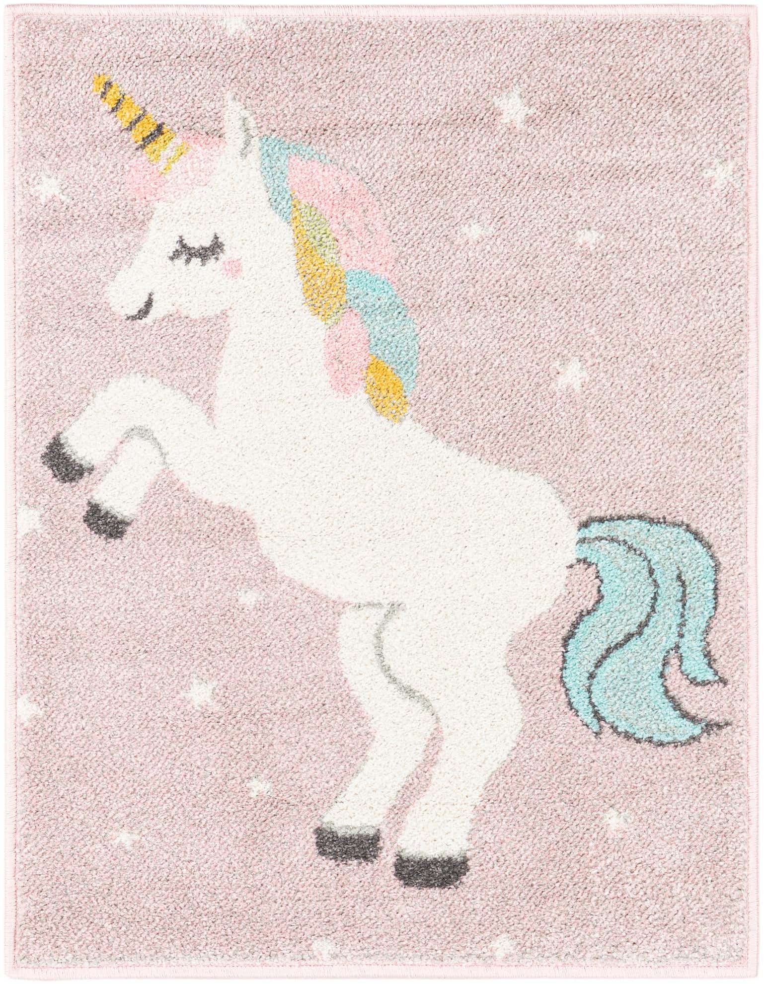 A 2x3 rectangular pink rug featuring a white unicorn with a yellow horn, colorful mane, and blue tail, surrounded by small white stars.