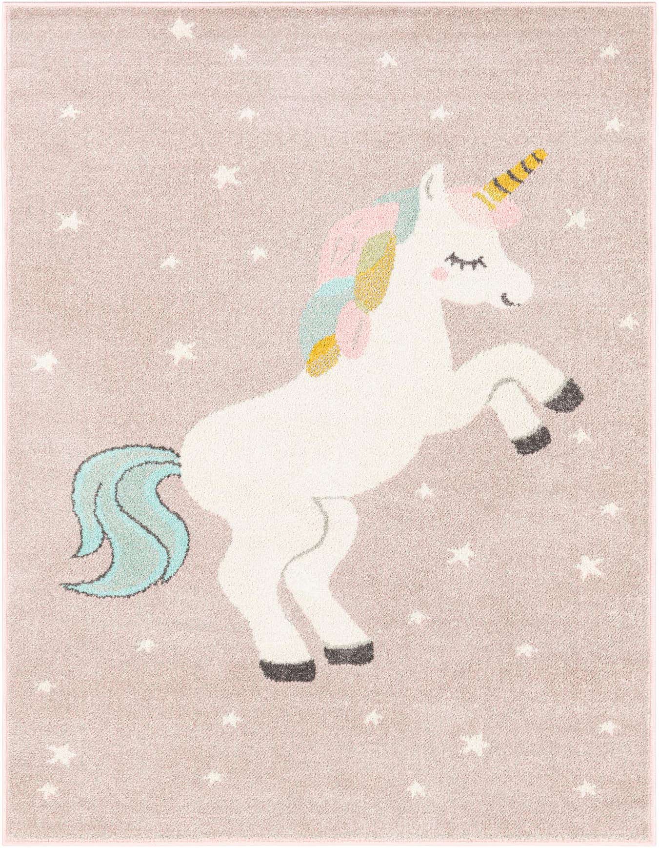 A 4x6 rectangular pink kids' rug featuring a large white unicorn with a colorful mane and tail, surrounded by small white stars.