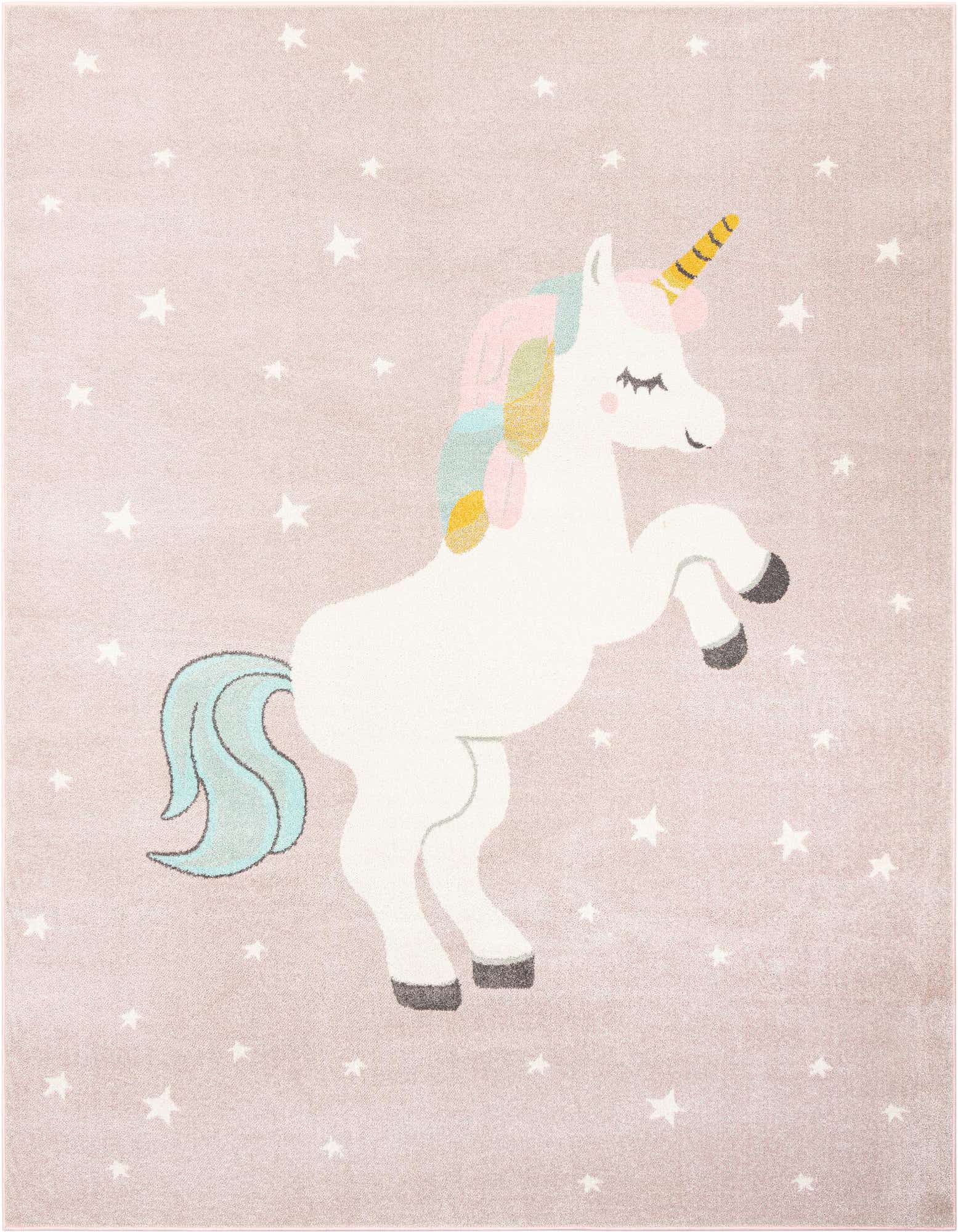 A rectangular pink kids' rug featuring a whimsical white unicorn with a colorful mane and tail, surrounded by white stars.