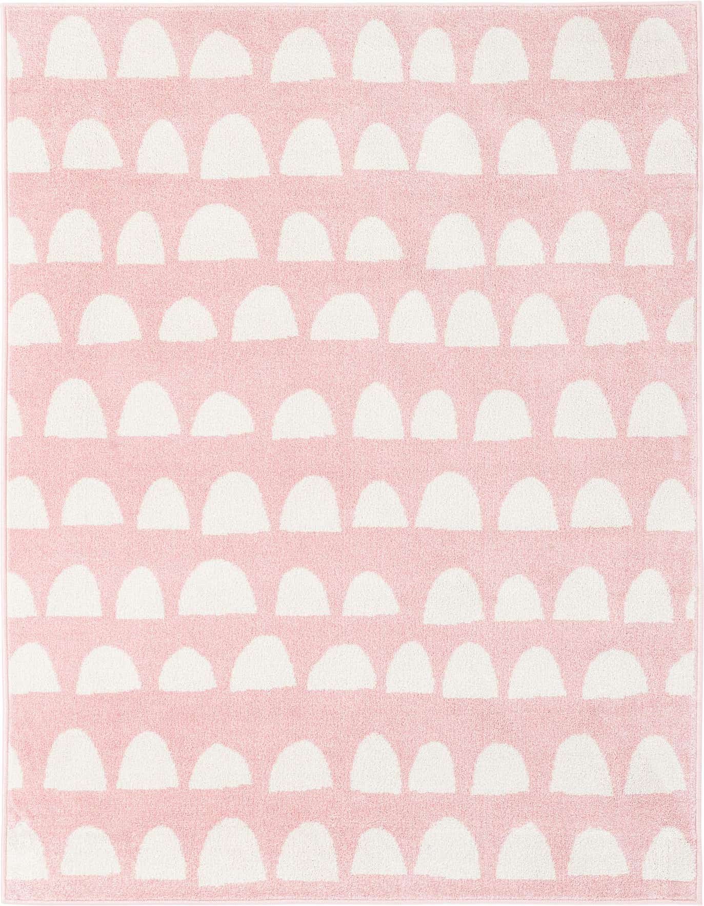 A 4x6 rectangular pink and white modern area rug with an abstract half-circle pattern, suitable for a child's bedroom or play area.
