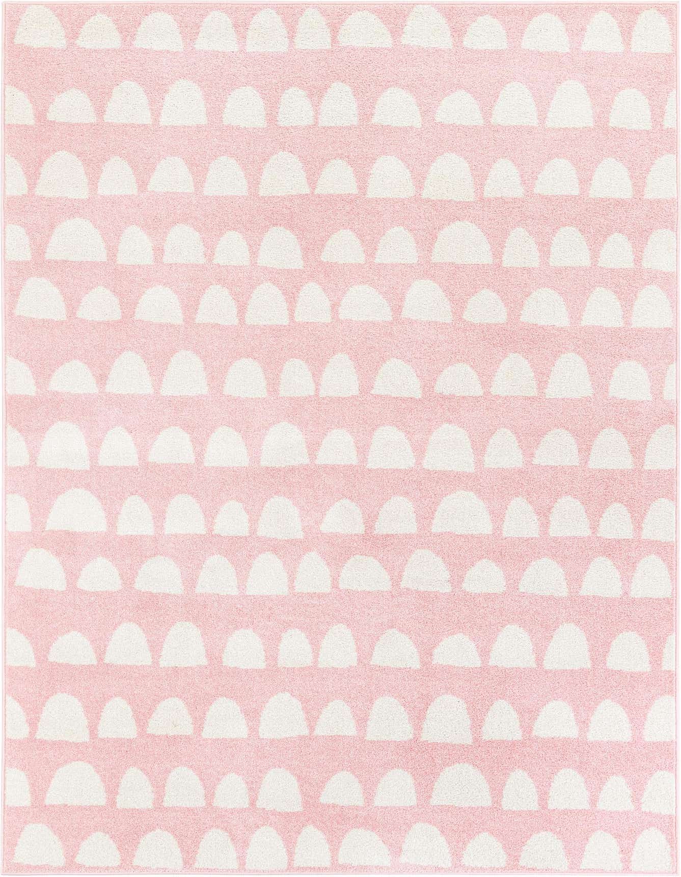 A 5x8 rectangular pink area rug with a modern abstract pattern of white half-circle shapes arranged in rows.