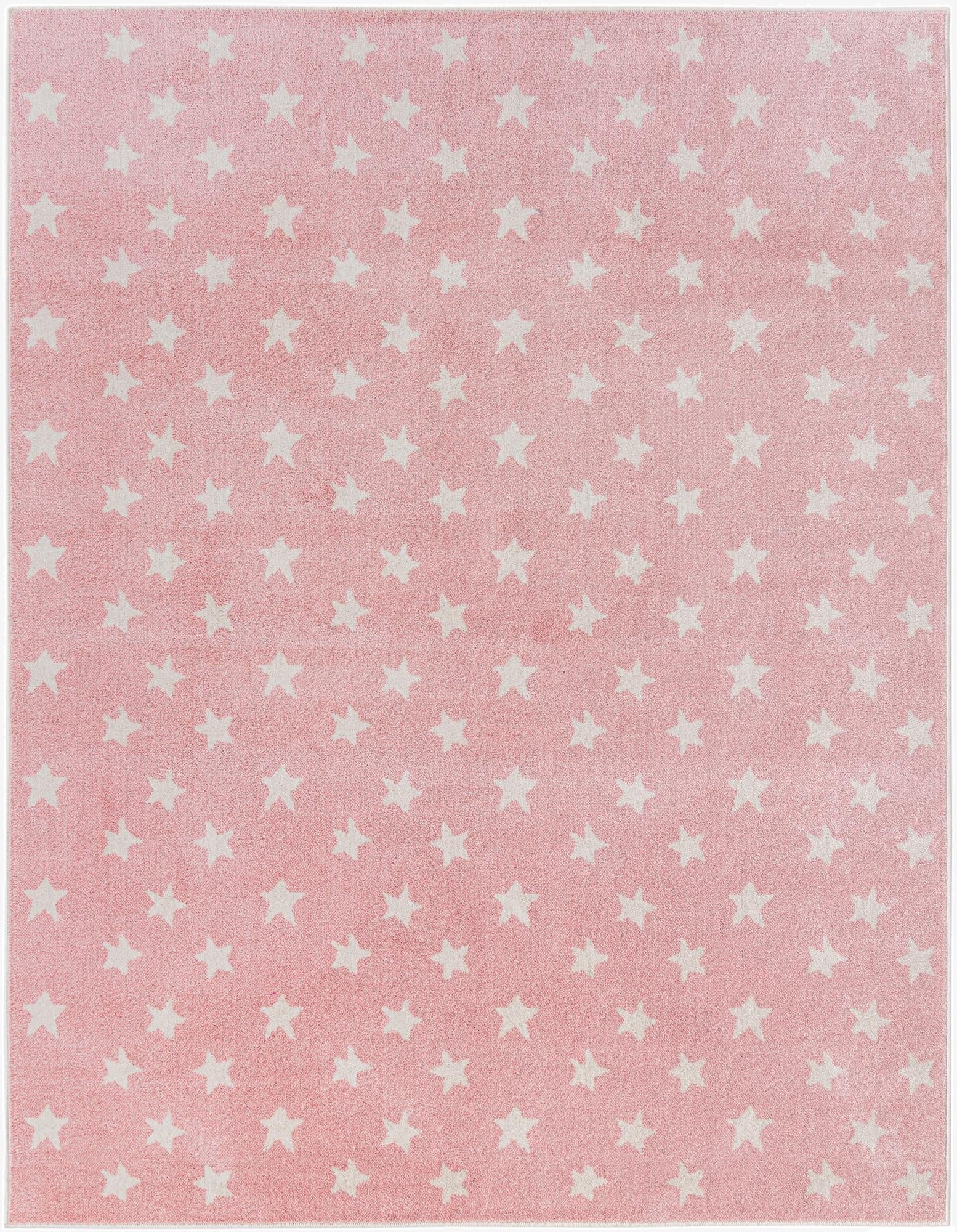 A rectangular 8x10 pink rug with a pattern of scattered white stars, ideal for a child's room.