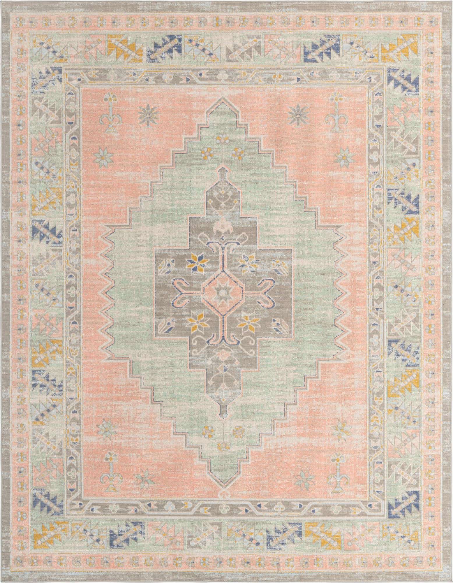 A 10x14 rectangular pink tribal flatweave rug with a central medallion in sage green and gray, featuring vintage patterns.
