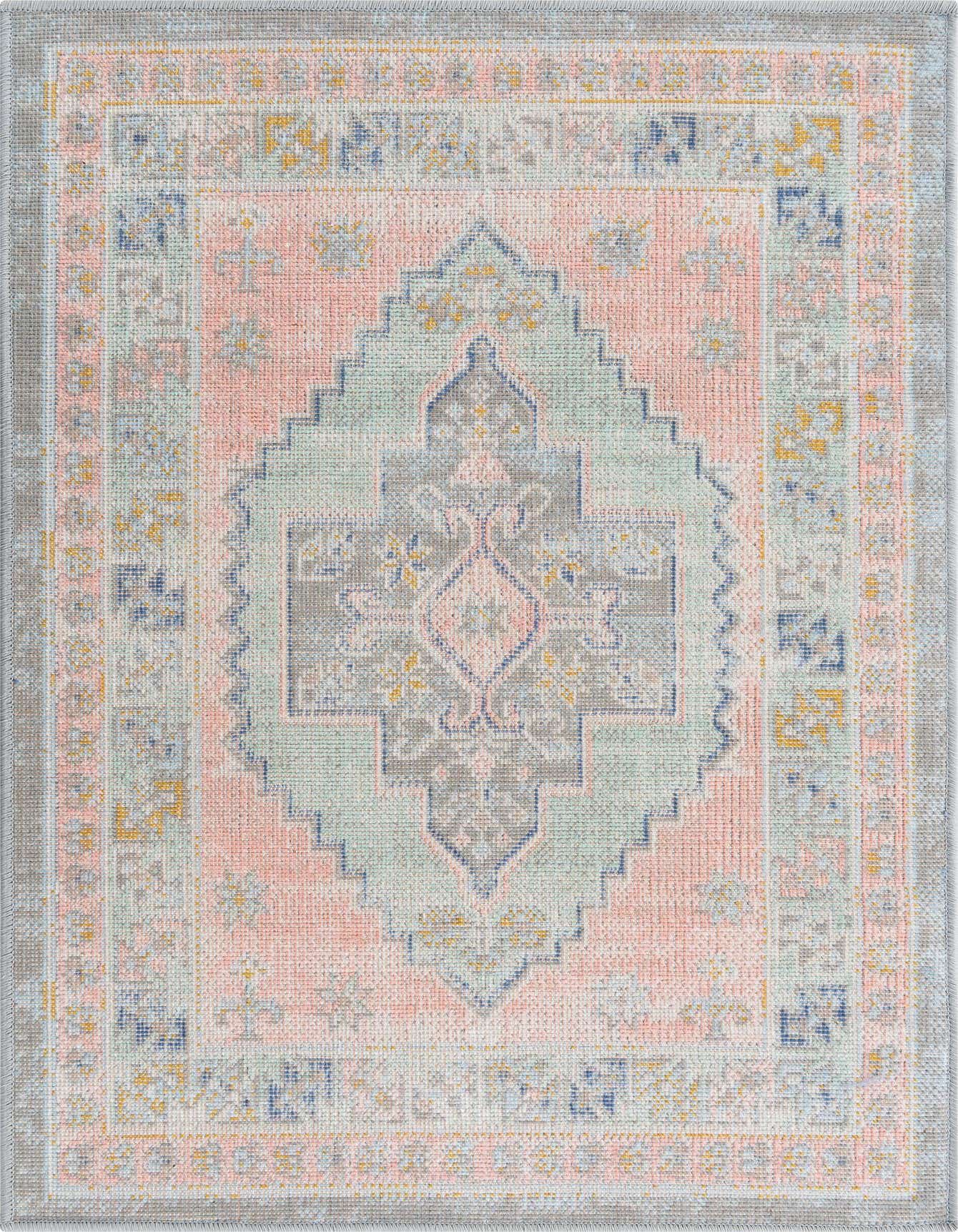 A 2x3 rectangular Rugs.com Whitney rug featuring a distressed pink field, a light green and gray tribal medallion, and a gray border.