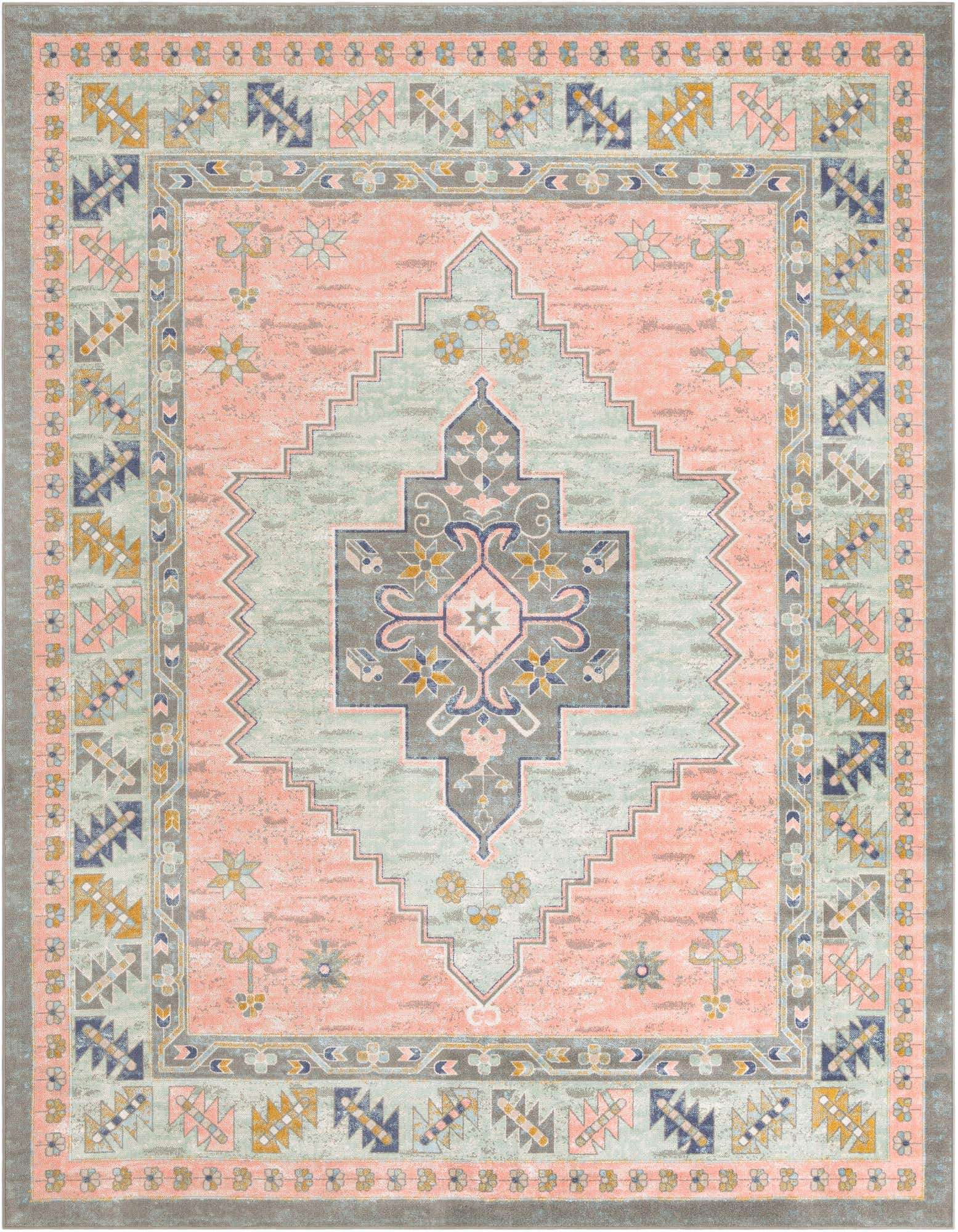 A 10x13 rectangular pink and grey flatweave rug with a vintage tribal medallion pattern, ideal for a living room.