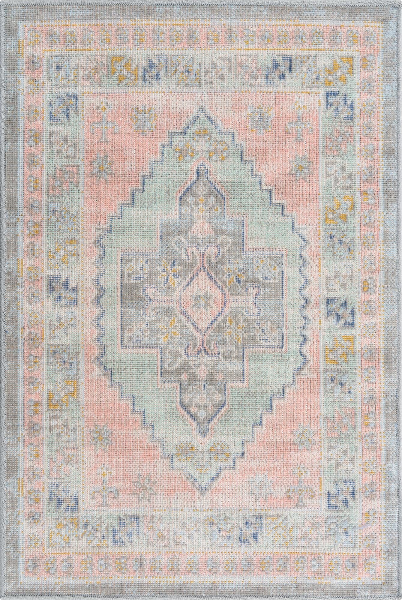 A 2x3 rectangular Rugs.com Whitney rug featuring a distressed pink field, a light green and gray tribal medallion, and a gray border.