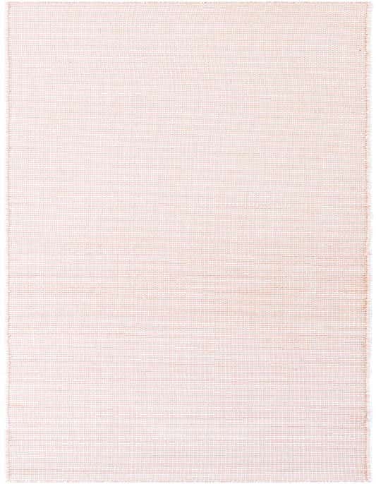 A 10 ft runner rug in a soft pink roses color with a textured flatweave, suitable for a hallway or patio.