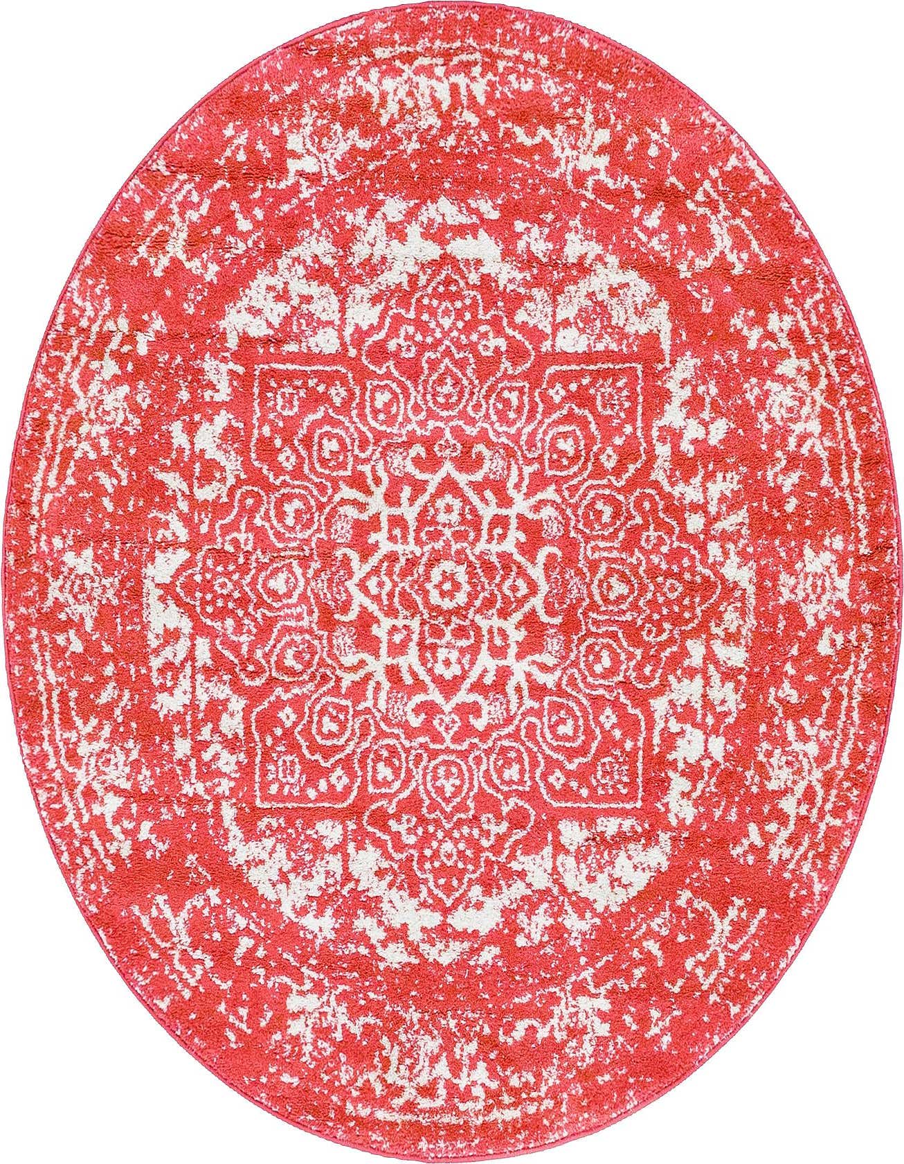 A 5' 3 round pink and white rug featuring a distressed traditional medallion pattern, suitable for indoor spaces.