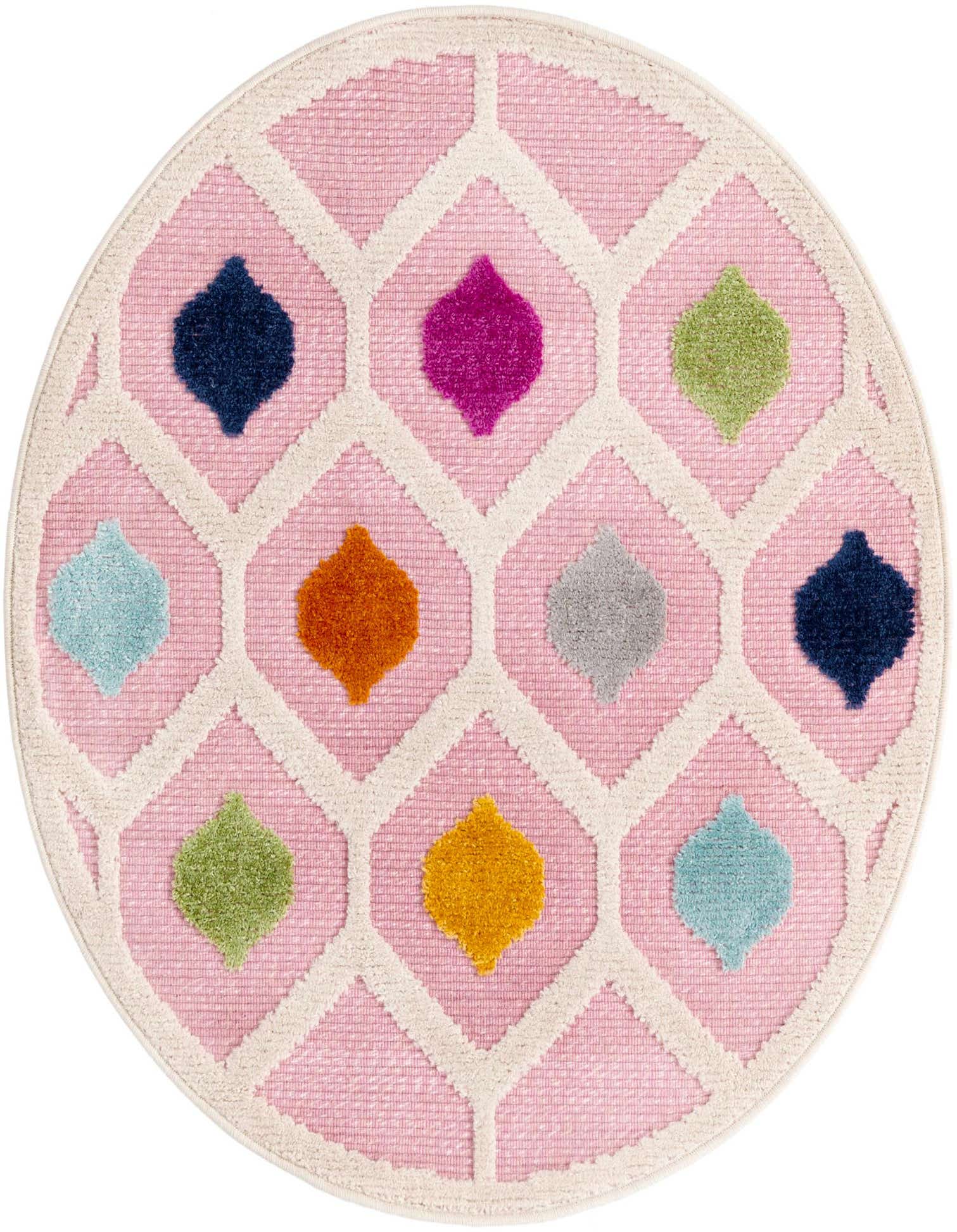 A 3' 3 x 3' 3 round pink rug with a white trellis pattern and colorful bohemian accents.