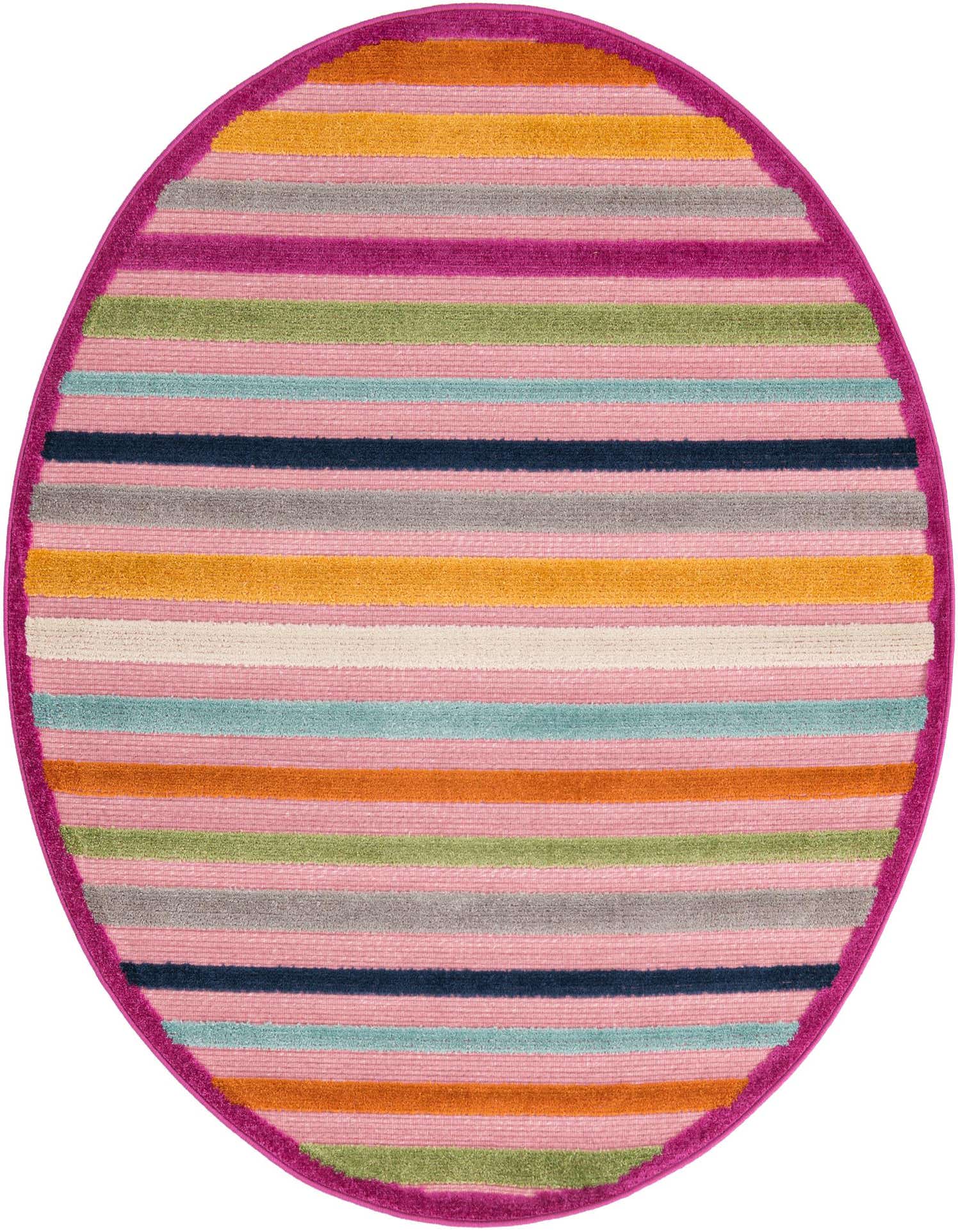A 5' 3 round rug featuring vibrant horizontal stripes in pink, orange, blue, green, and gray with a fuchsia border, suitable for indoor or outdoor spaces.